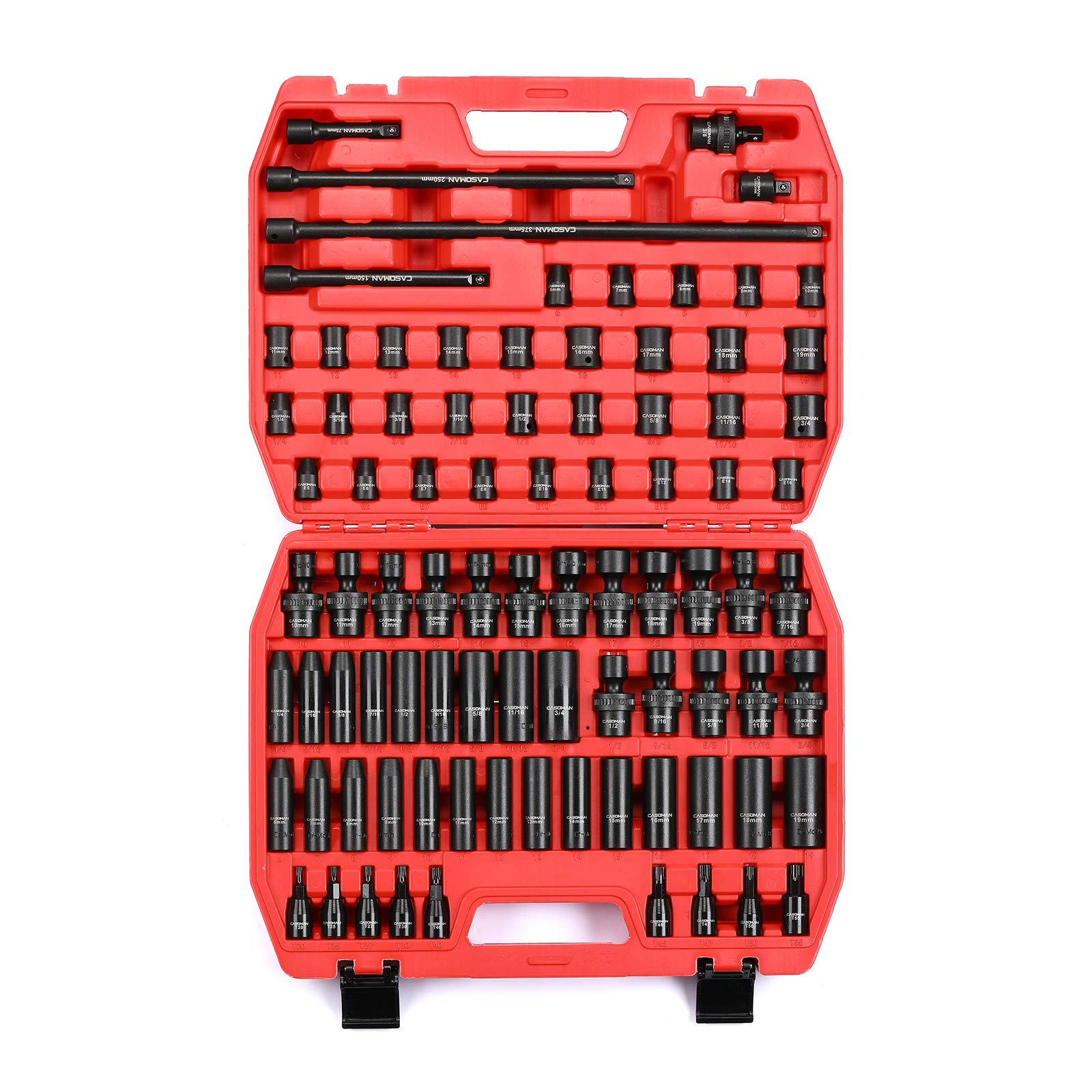 CASOMAN 87 Pcs 3/8" Drive Master Impact Socket Set, SAE&Metric Standard,Deep,Swivel Sockets,Cr-MO Steel, Includes Star and Inverted Star Socket, Imapct Universal Joint, Extension Bars