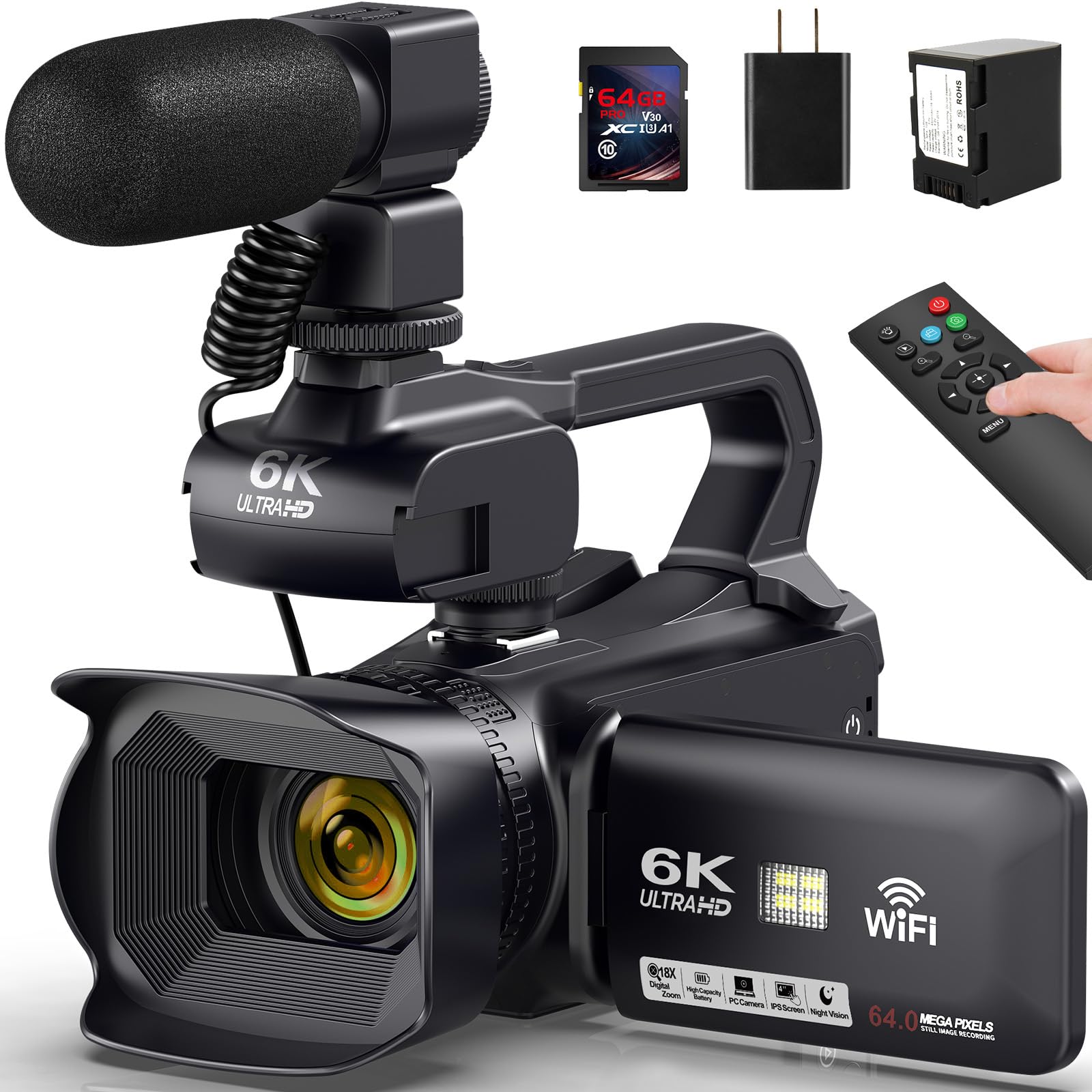 DSIPSN Video Camera Camcorder 6K 64MP, 18X Digital Zoom IR Night Vision Vlogging Camera for YouTube, 4.0" Touch Screen Digital Camera with WiFi, Microphone, 64G SD Card, Remote Controller, Charger