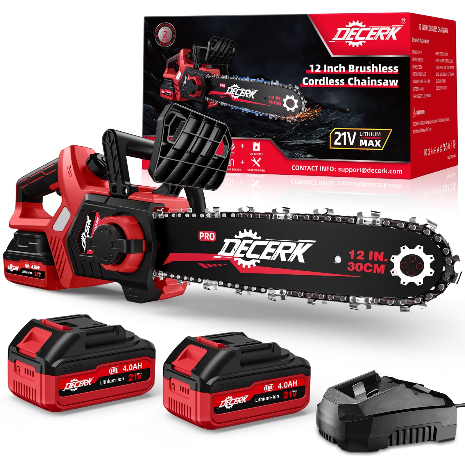 Decerk Chainsaw Cordless, 12 Inch Electric Chain Saw with 21V Battery Powered, Handheld Brushless Chainsaws with Tool-free Chain Tension & Auto Lubrication for Tree, Wood Cutting, Courtyard, Household