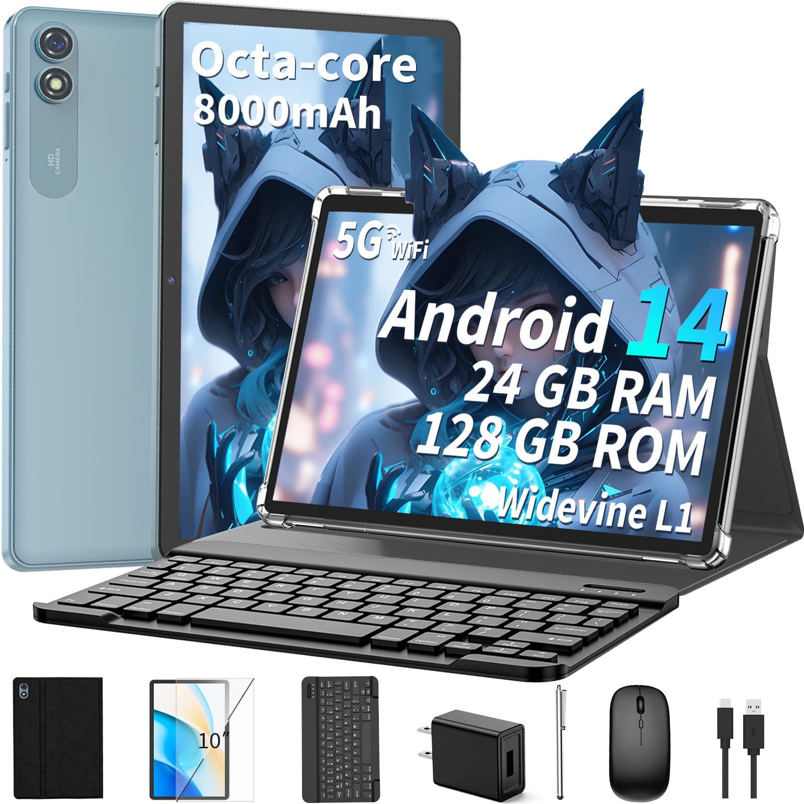 Suicoey 2025 Tablet, 10 inch Android 14 Tablet with Keyboard, 24GB RAM+128GB ROM(1TB Expand), Octa Core, 5G/2.4G WiFi, 8000mAh, BT V5.0, 2 in 1 Tablet with Case, Mouse, Stylus, Split-Screen(Black)