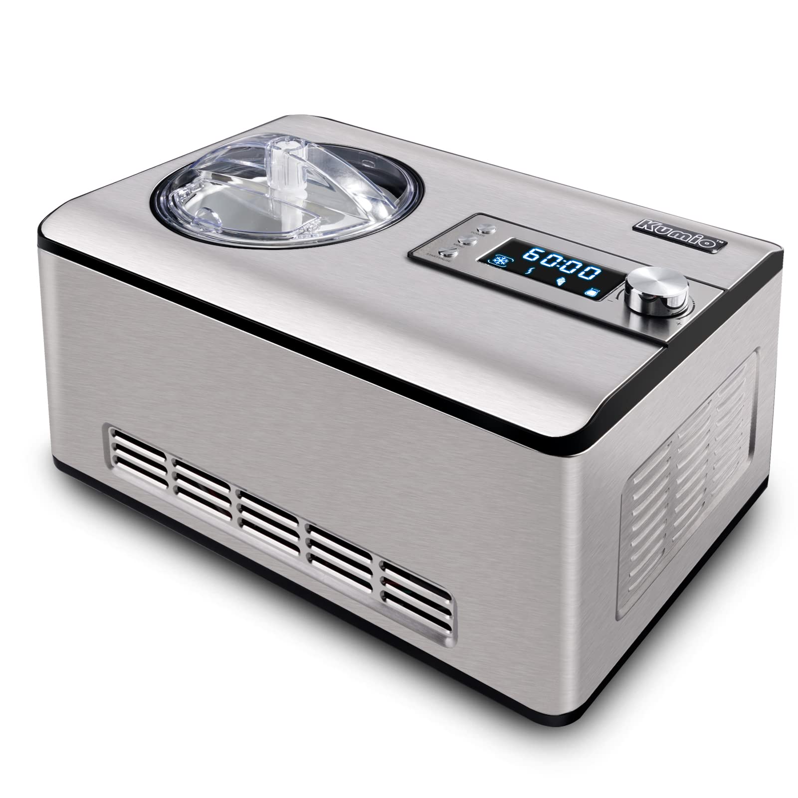 KUMIO 2.2-Quart Ice Cream Maker with Compressor, 2 in 1 Ice Cream Yogurt Machine, No Pre-Freezing, Stainless Steel Ice Cream Maker Machine with LCD Display, No Pre-Freezing
