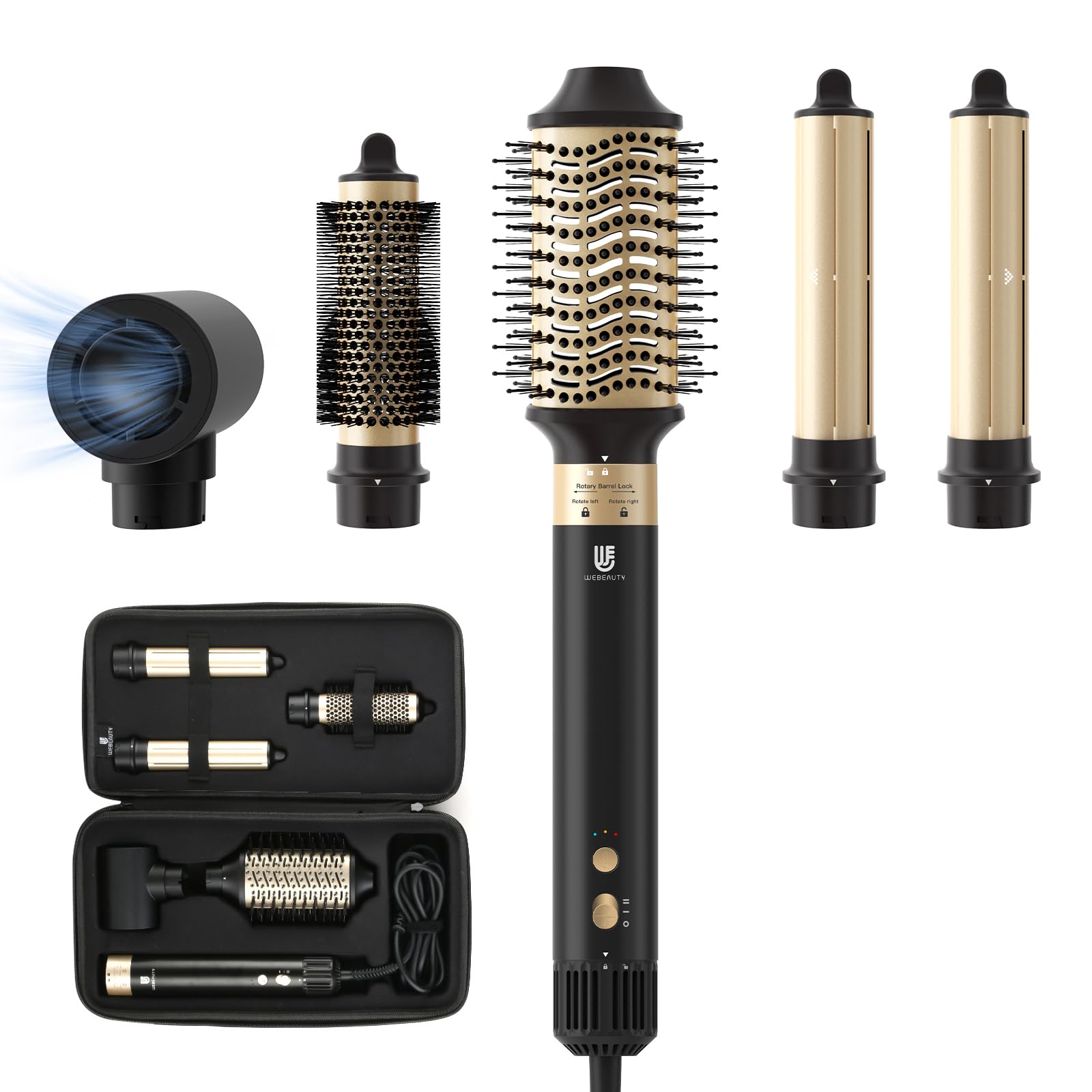 Hair Dryer Brush, webeauty 5 in 1 Professional Hot Air Styling, High-Speed Negative Ionic Hair Dryer Fast Drying, Multi Hair Styler with Air Curling Iron, Volumizing, with Carrying Case (Black Gold)