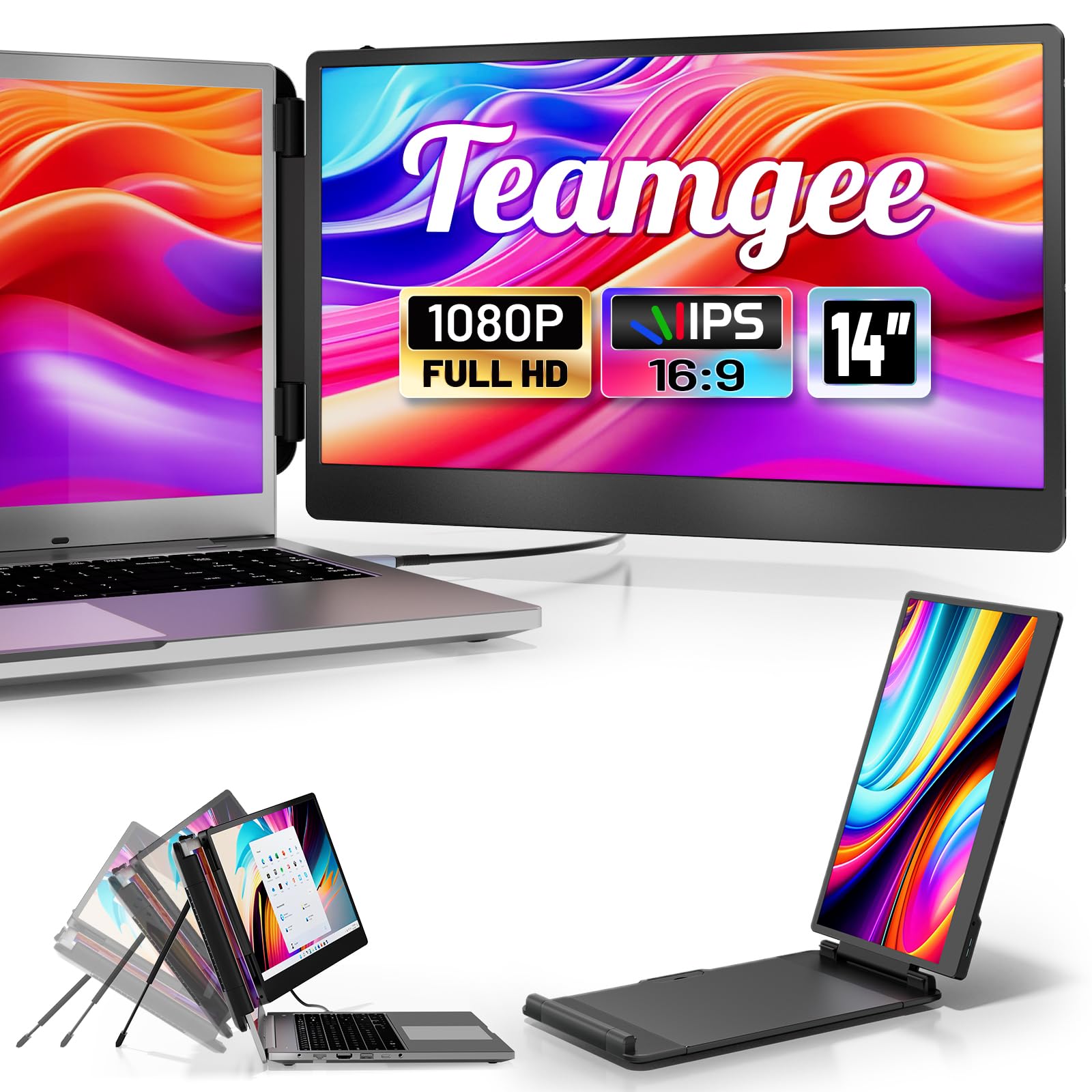 Teamgee Laptop Screen Extender, 14" FHD 1080P IPS Portable Monitor for Laptop, Built-in Stand/Speaker, Dual Screen Monitor for 13"-17" Laptops, Plug & Play Suitable for Mac, Wins, Android, Dex