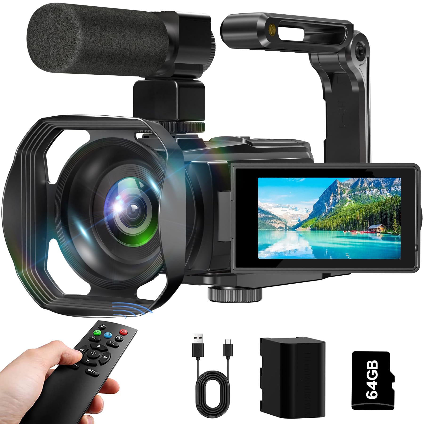 8K Video Camera Camcorder, 64MP IR Night Vision Vlogging Camera,18X Zoom 3.0“ Screen WiFi Camcorder for YouTube with with Microphone, Lens Hood, Stablizer, 64GB SD Card, One 4500mAh Battery
