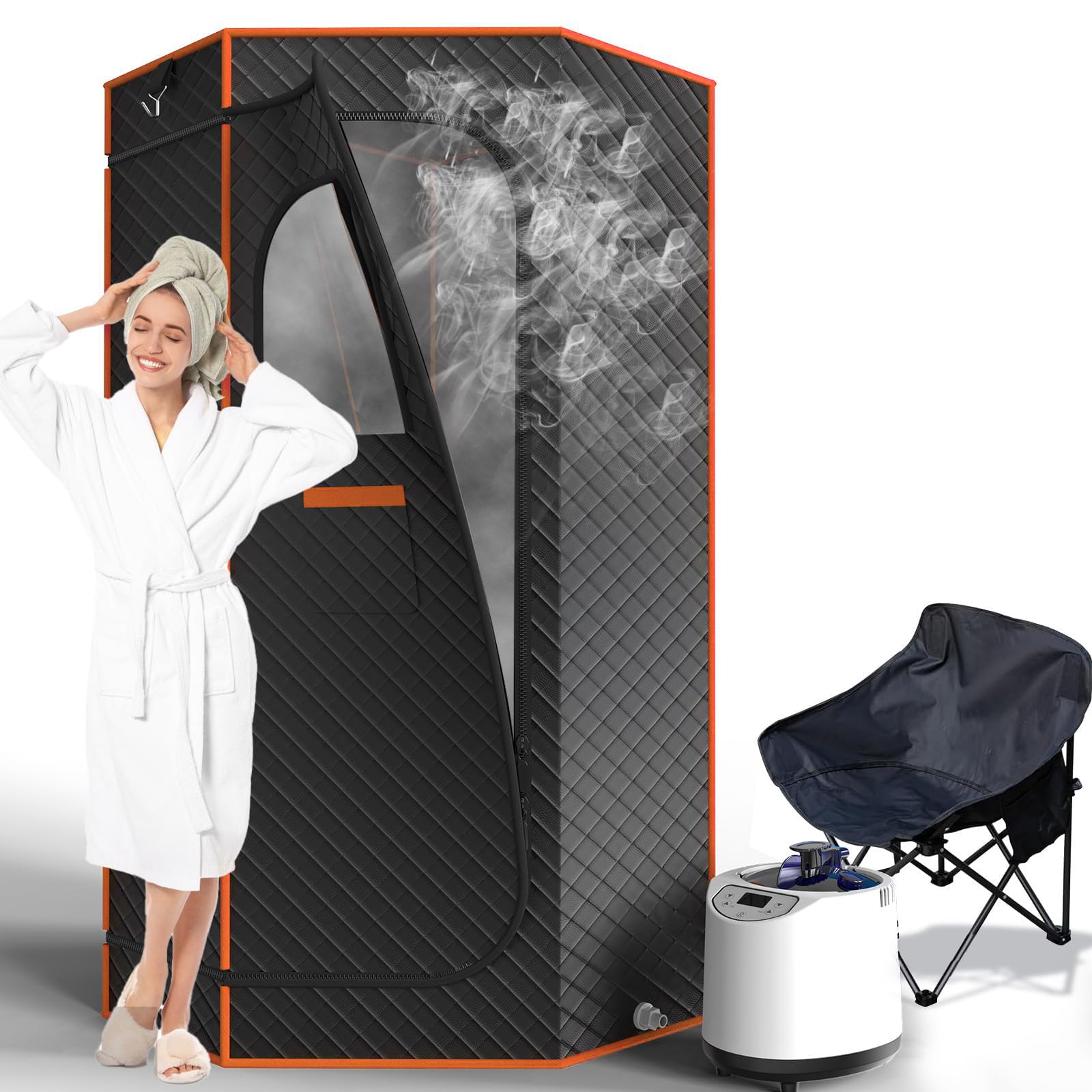 AgiiMan Portable Sauna for Home, Sauna Box with 3L Steamer, Remote Control, Folding Chair and Mat, Full Size Personal Steam Sauna Tent for Home Spa Relaxation, 15 Levels, Orange