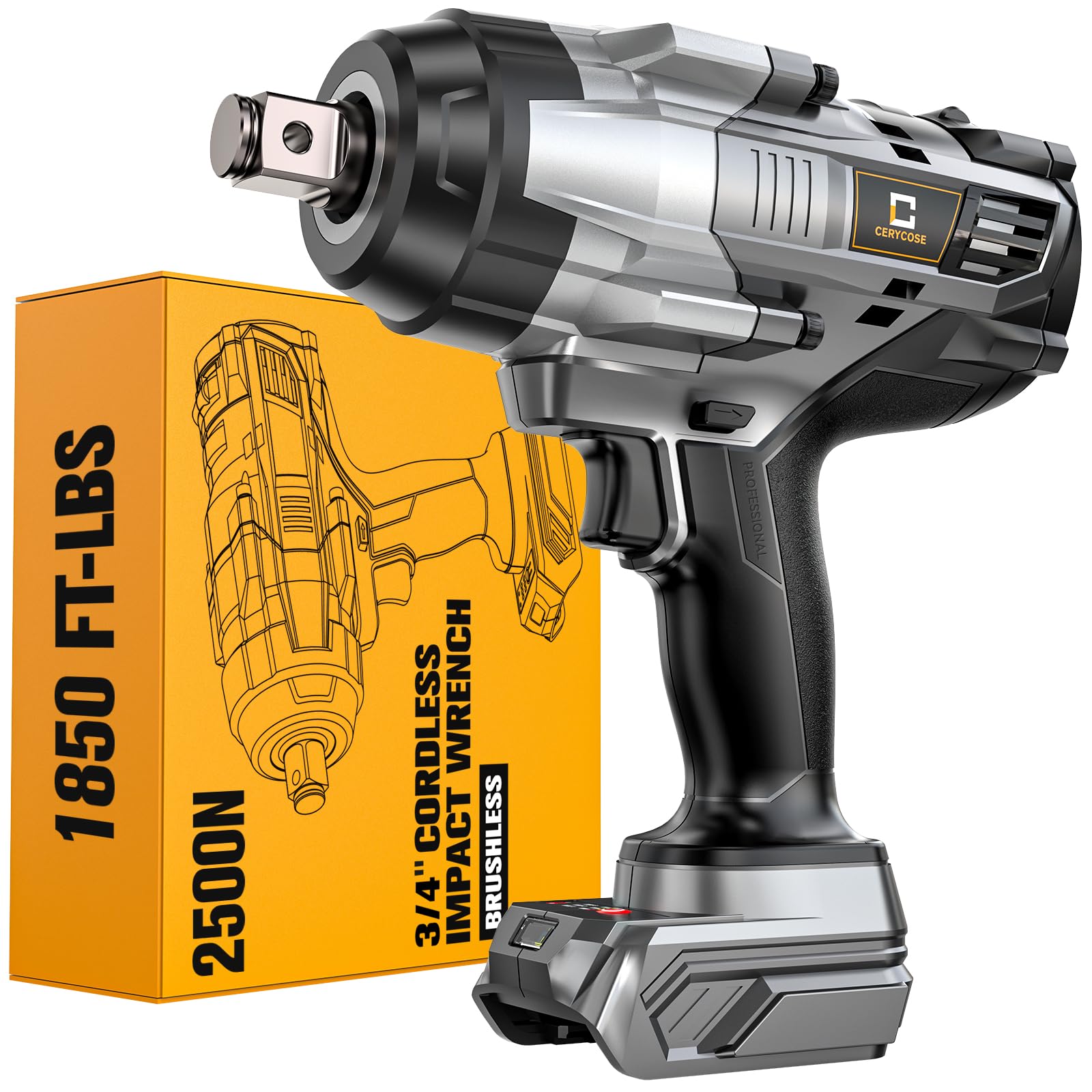 Cordless Impact Wrench 3/4 inch for Dewalt 20V Battery, 1850ft-lbs (2500N.m) Brushless Electric Impact Gun, High Torque Impact Driver, Bare Tool Only, for Heavy-Duty Automotive & Industrial Tasks