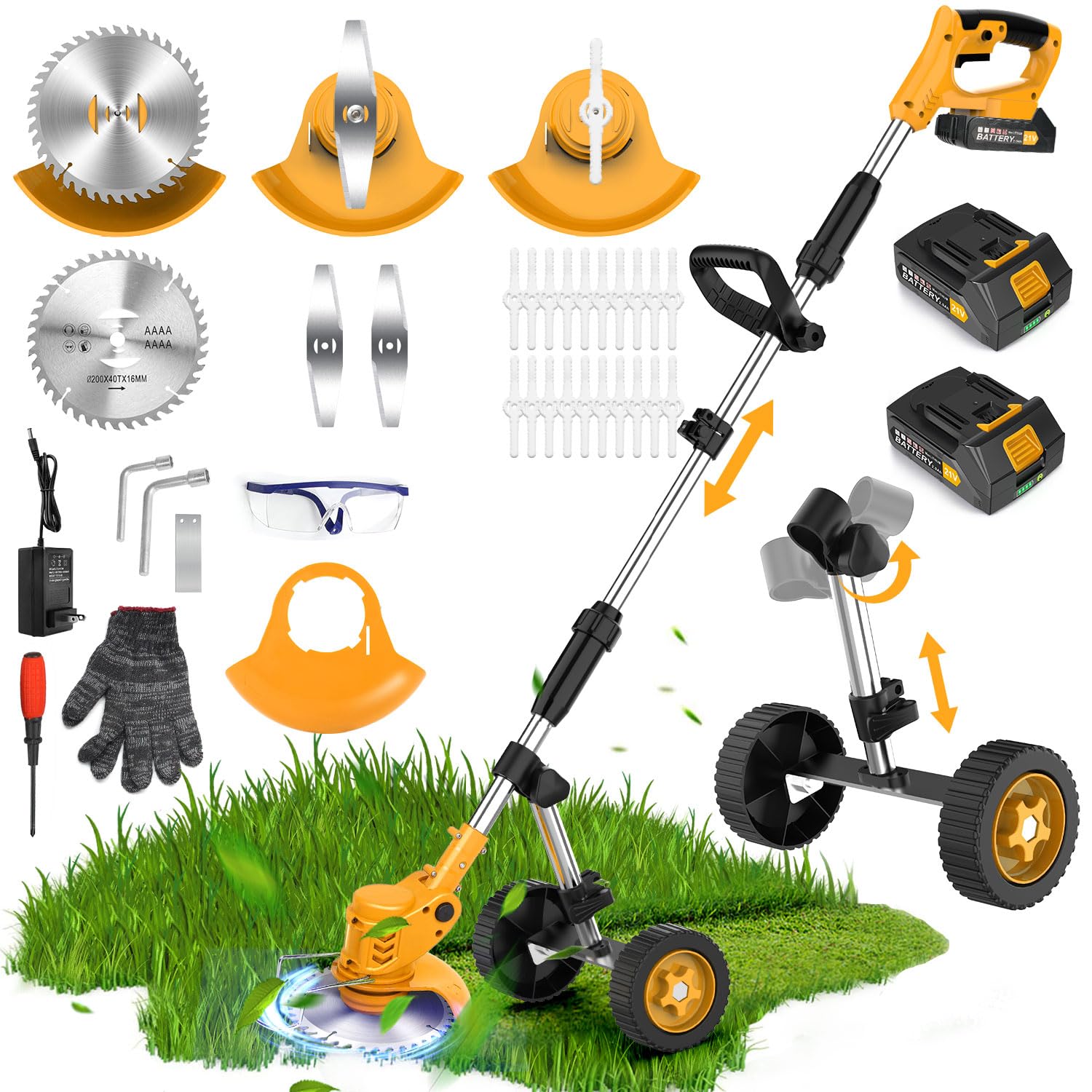 20000 RPM Electric Weed Wacker Cordless, 4-in-1 Weed Eater Cordless with Battery Powered, Lawn Mower/Grass Trimmer/Lawn Edger with 3 Types Blades, Battery Weed Wacker with Wheels (2 Battery, Yellow)