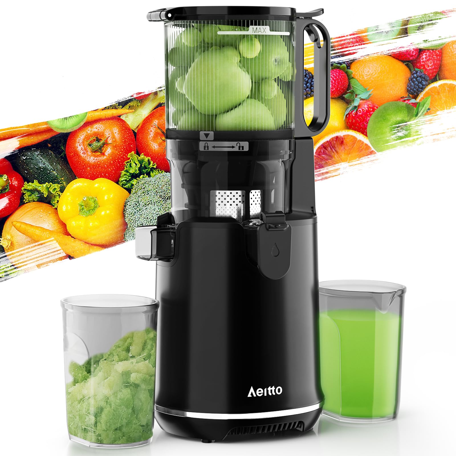 Aeitto Cold Press Juicer, Juicer Machines with 5.3" Extra Large Feed Chute, 1.7L Large Capacity, 250W Whole Fruit Juicer for Vegetable and Fruit, Easy to Clean with Brush, High Juice Yield, Black