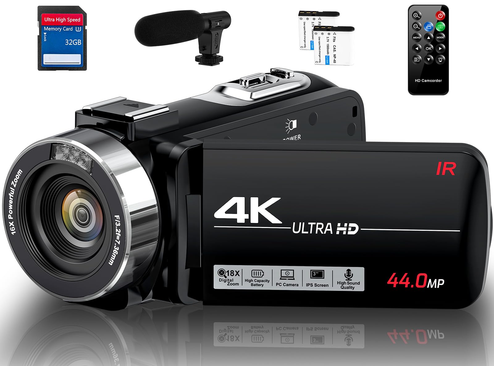 DINGETU Camcorder Video Camera 4K HD 44MP Vlogging Camera for YouTube 18X Digital Zoom Camcorder 3.0" IPS Screen IR Night Vision with External Microphone, Controller, 2 Batteries and 32G SD Card