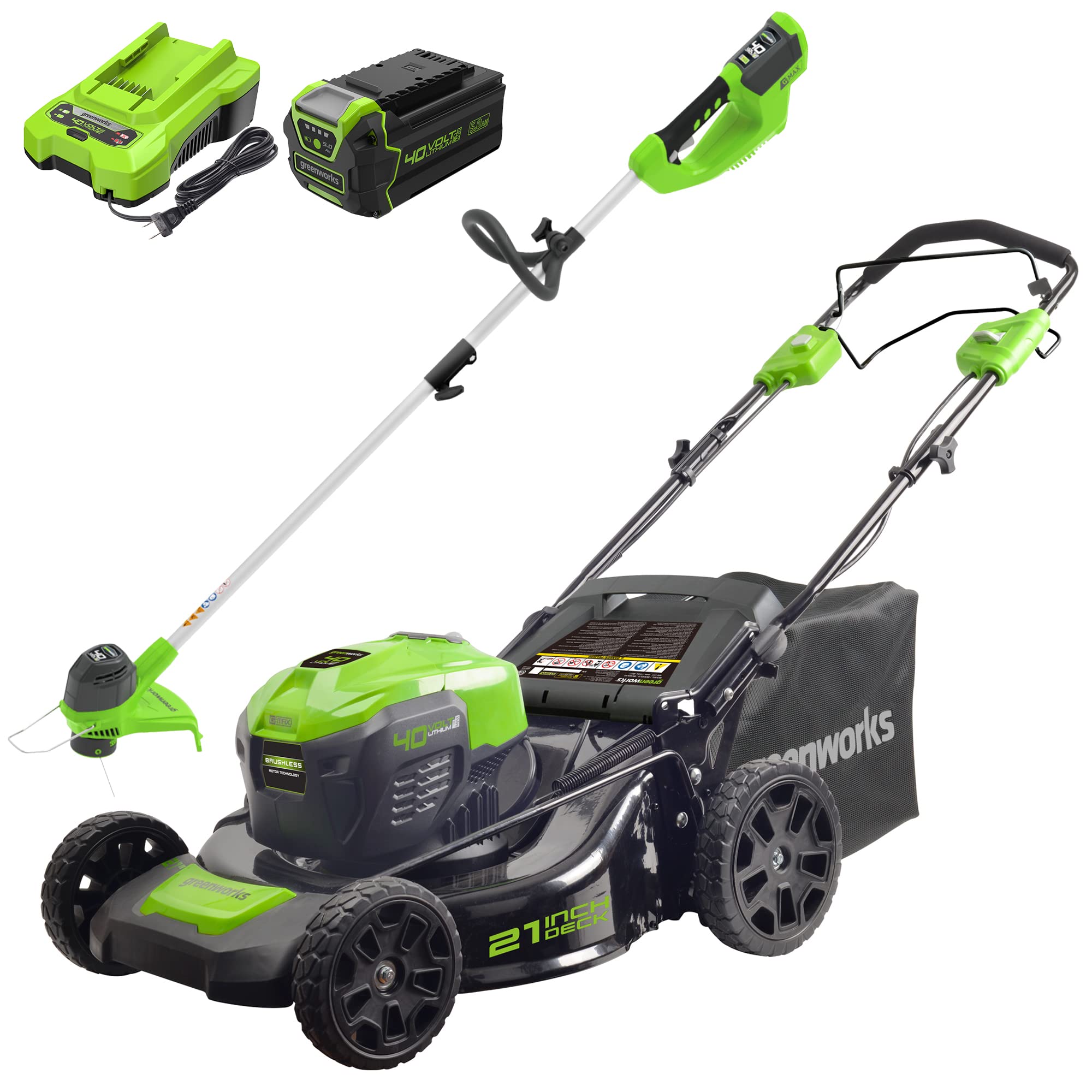 Greenworks 40V 21" Brushless Cordless Self-Propelled Electric Lawn Mower, String Trimmer, 5.0Ah Battery and Charger
