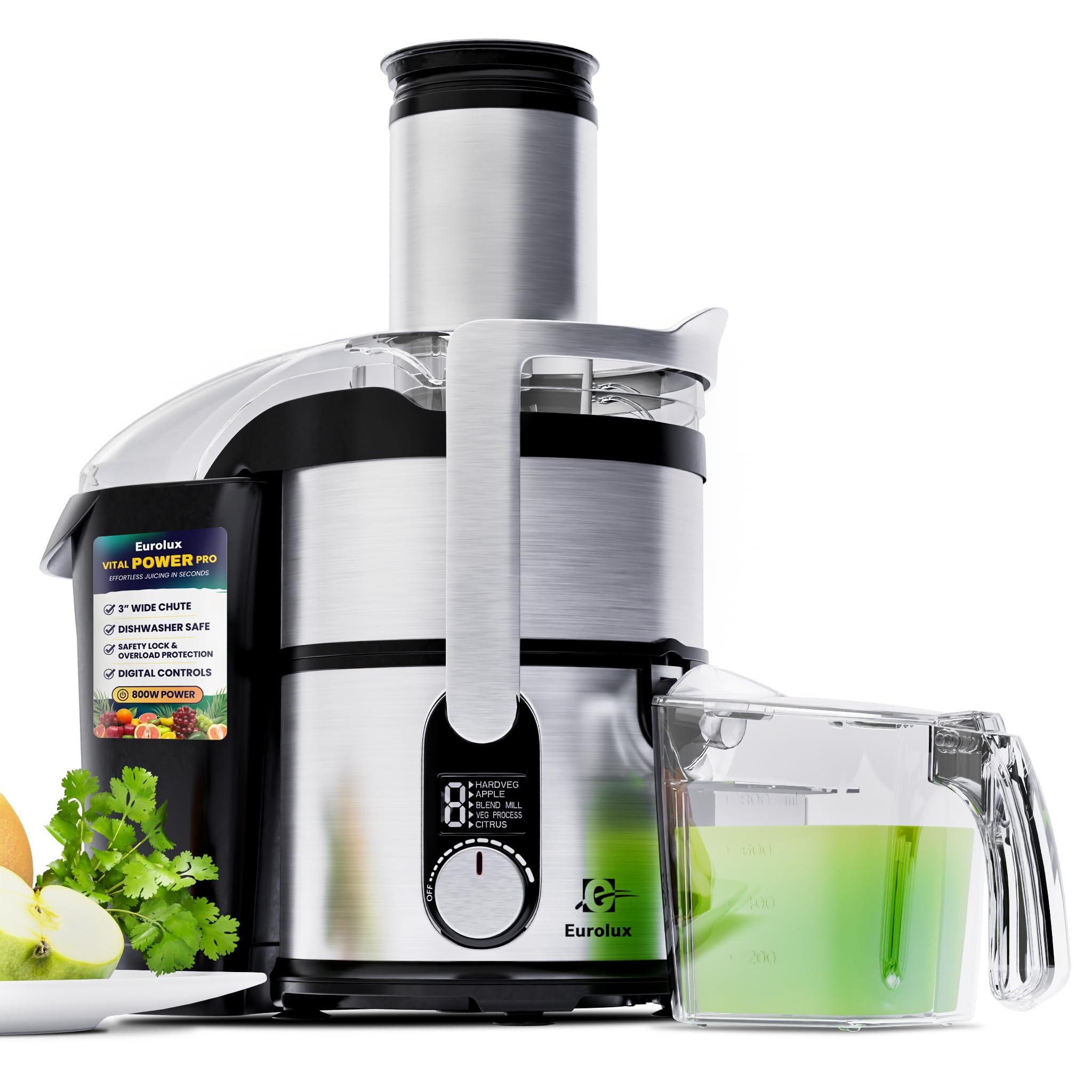 Eurolux 800W Centrifugal Juicer | Premium Juice Extractor with 3” Wide Feed Chute for Whole Fruits & Vegetables | BPA-Free Stainless Steel Design | Easy-to-Clean, Powerful Pro Juicer