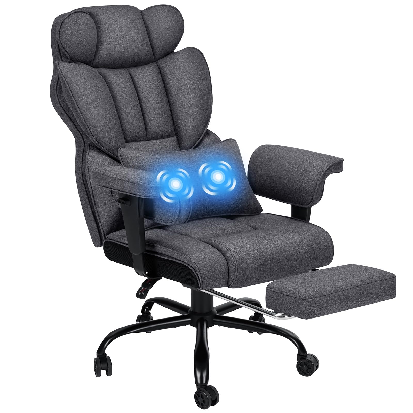 Executive Office Chair Big and Tall with Massage 450lbs Heavy Duty Desk Chair with Lumbar Support Reclining Office Chair with Footrest High Back Ergonomic Fabric Chair for Heavy People Dark Gray