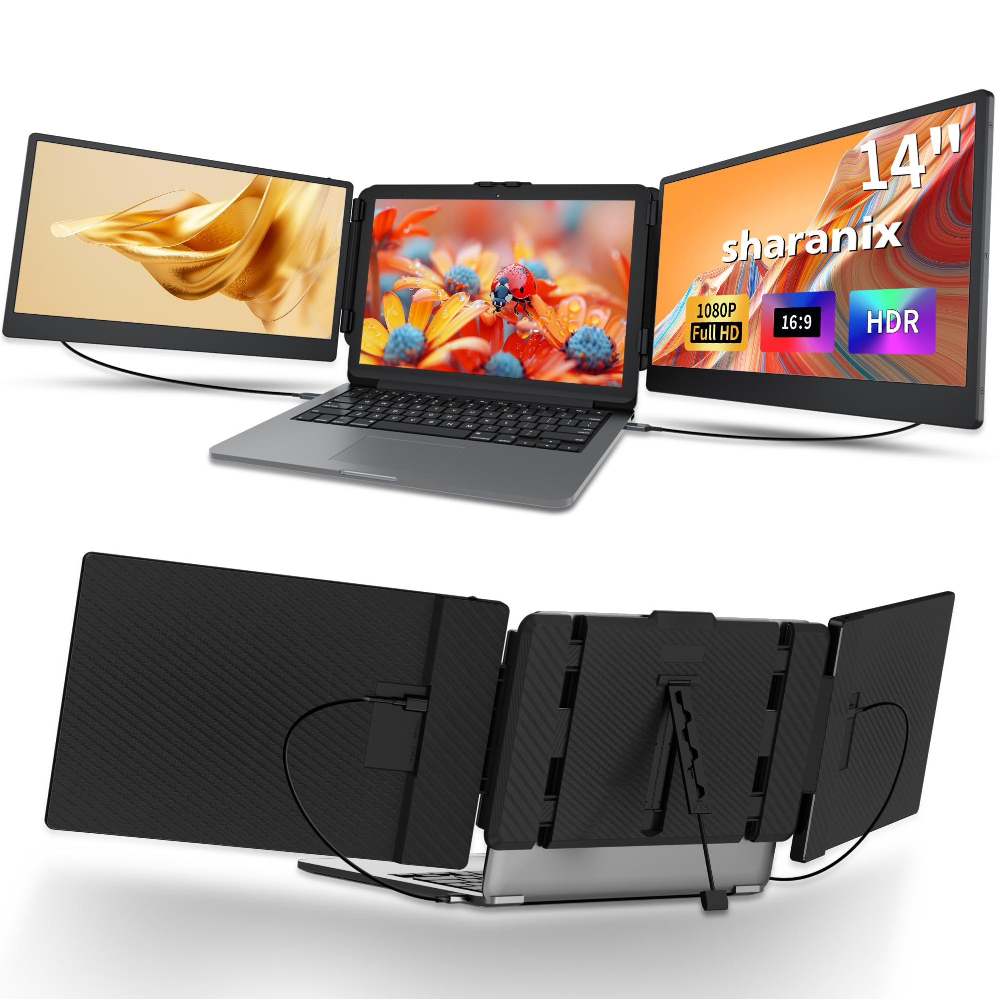 sharanix 14" Laptop Screen Extender, FHD 1080P IPS Dual Screen Laptop Monitor Extender, Portable Monitor for Laptops 13-17.3" Compatible with Win/Mac/Android/Switch