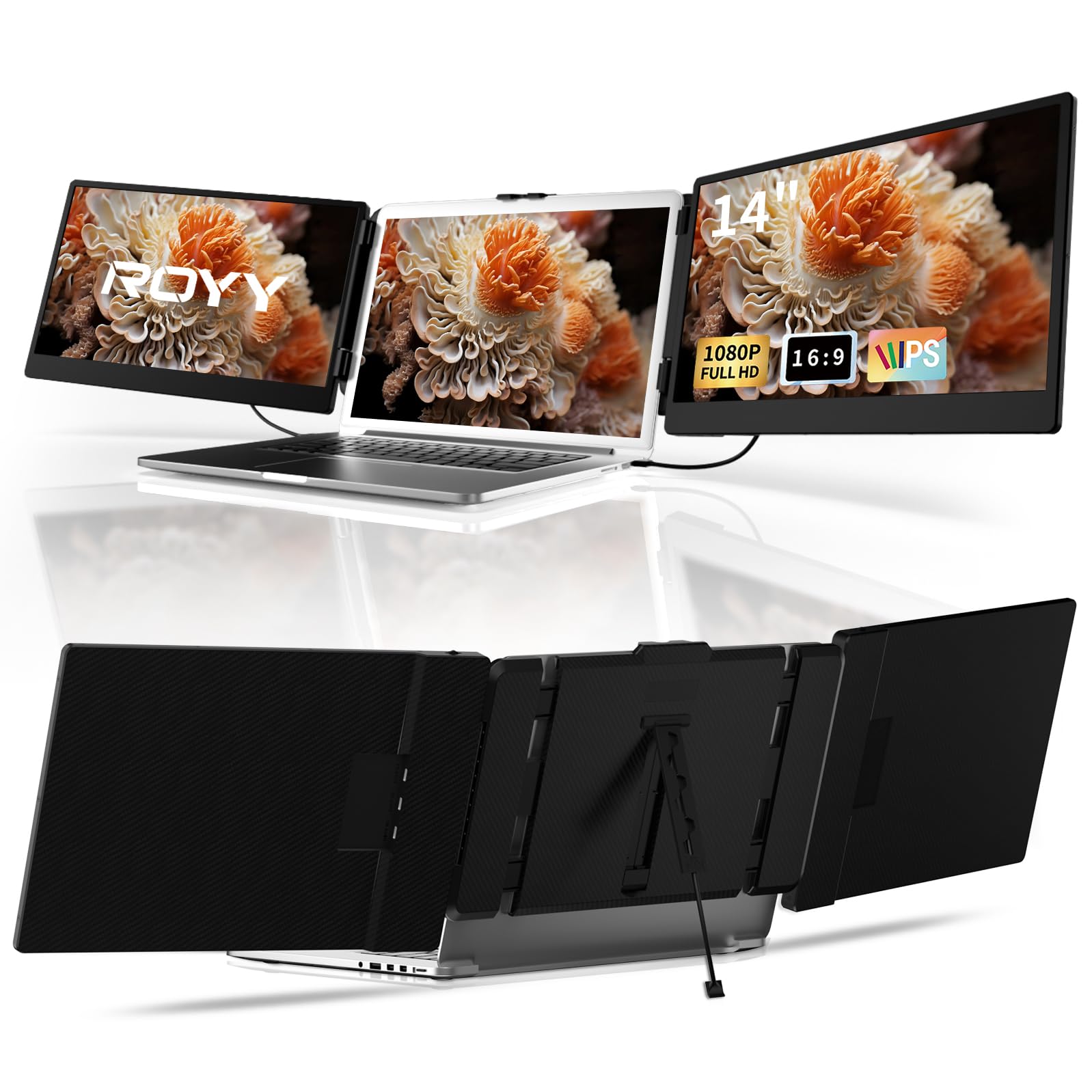 ROYY Laptop Screen Extender Triple Monitor - 14" Portable Monitor FHD 1080P Attachment Extra Screen Compatible with Windows Mac Dex Chrome Travel Work Fits 13-17" Laptops