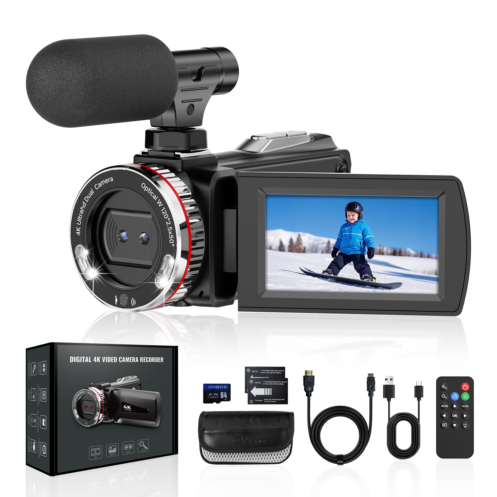 ZIMOCE 4K 60FPS Video Camera Camcorder with HDMI Cable, 48MP Vlogging Camera for YouTube, 21X Zoom Dual Lens Camera Recorder, Rotatable Screen Video Recorder with Mic, 2 Batteries & 64GB Card