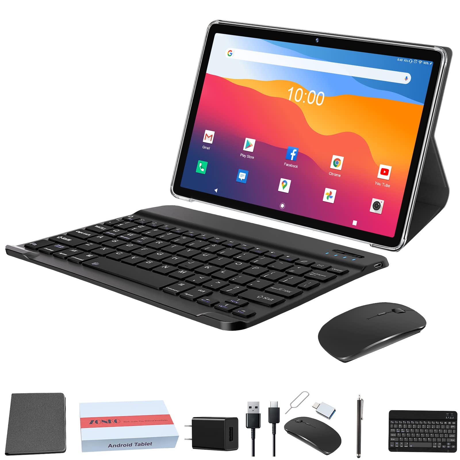 2025 Latest 2 in 1 Tablet 128GB Storage+1TB Expand 10 inch Tablets, 2.4G&5G WIFI Tablet PC, Android 14 Tablet with Keyboard, Octa Core HD Touchscreen 13MP Dual Camera GMS Tablet with Case Mouse (Gray)