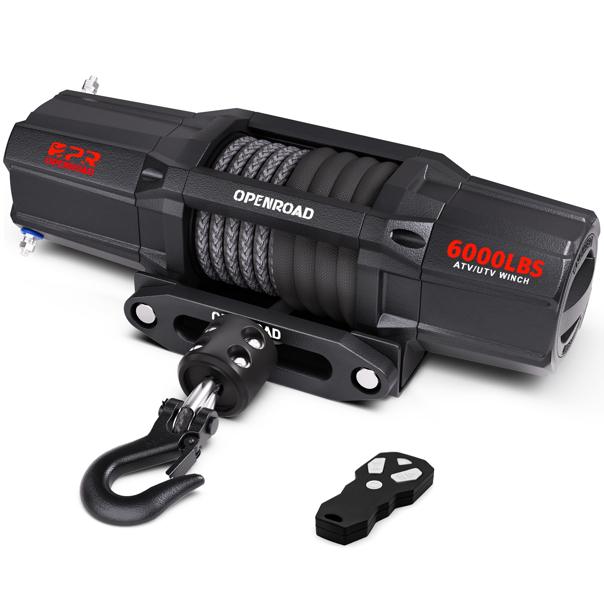 OPENROAD 6000 lbs UTV Winch, Waterproof IP67 Electric Trailer 6k Winch with 1/4"×50ft Synthetic Rope,Wireless Remote and Winch Stopper (6000lb with Mounting Plate)
