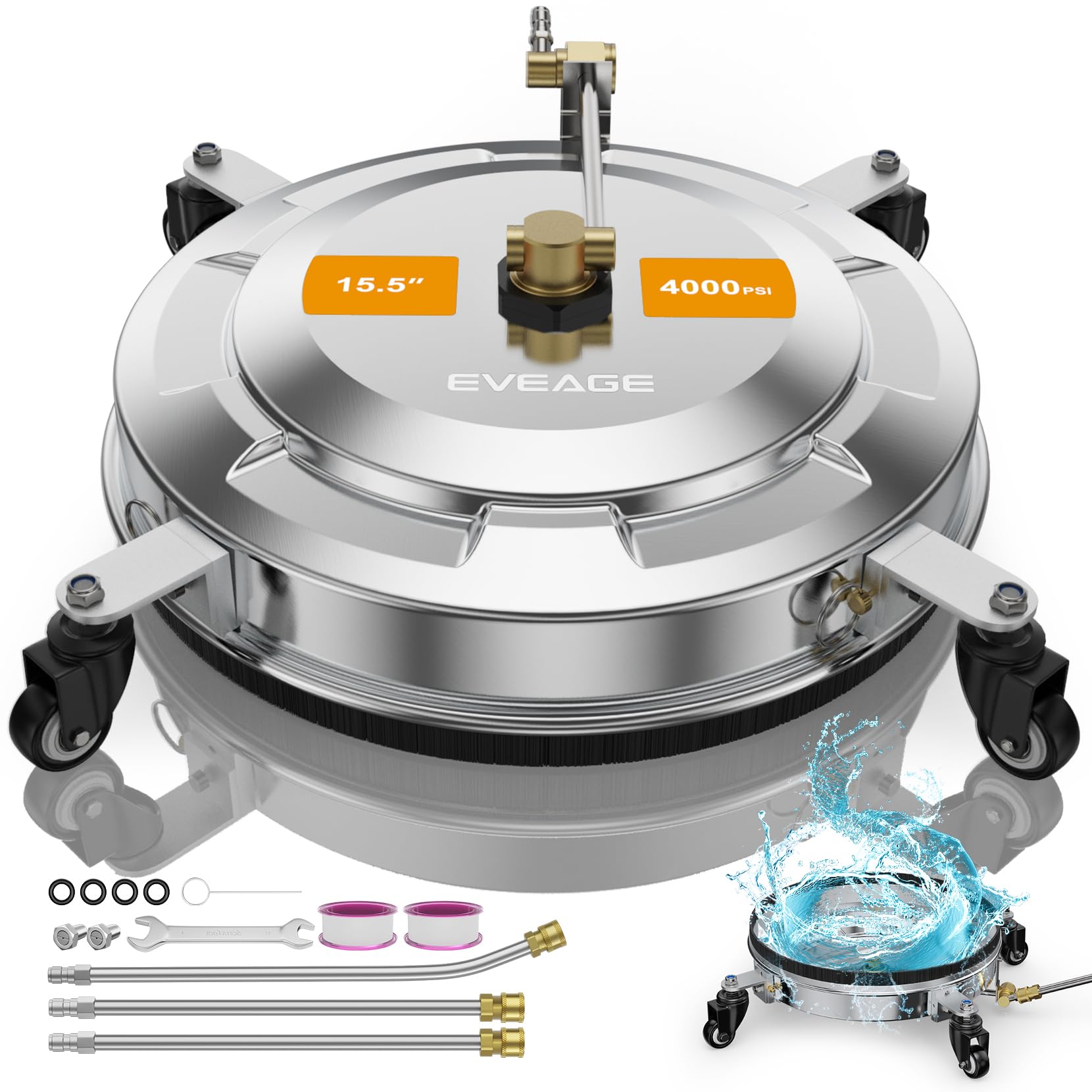 EVEAGE 2-in-1 Pressure Washer Surface Cleaner, Reversible Undercarriage Pressure Washer Attachment, 15.5" Commercial Grade Surface Cleaner with Wheels, Extension Wands 1/4" Quick Plug