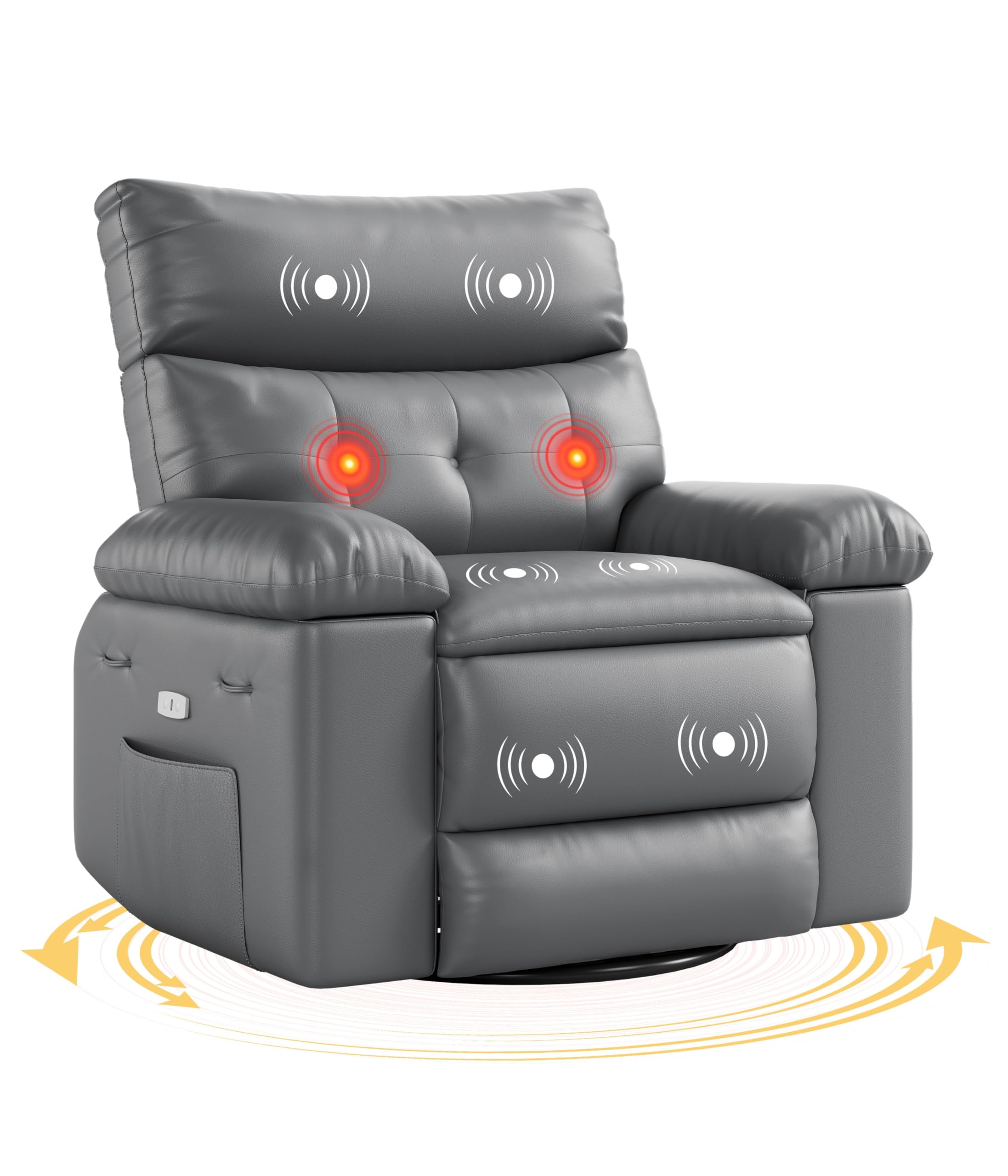 GarveeHome Electric Recliner Chair - 360° Rocker Swivel Recliner with Heat and Massage, PU Leather Large Power Recliner for Adults, Comfortable Lazy Chair with 1.5X Sponge Filling for Living Room Grey