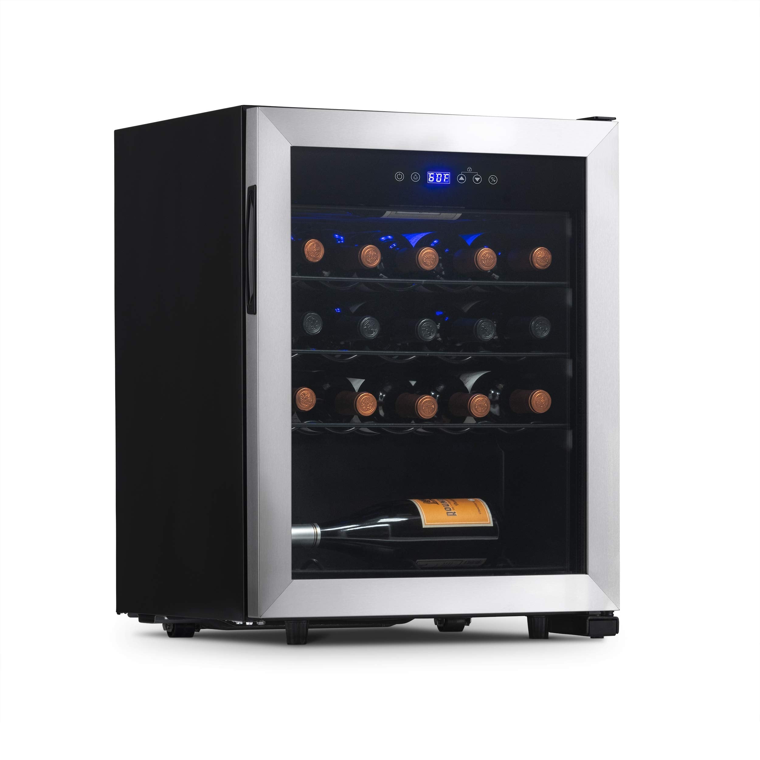 NewAir 23 Bottle Wine Fridge, Freestanding or Built-In Refrigerator, Stainless Steel Cooler, UV Protected Glass Door with Recessed Handle, Compressor Cooling