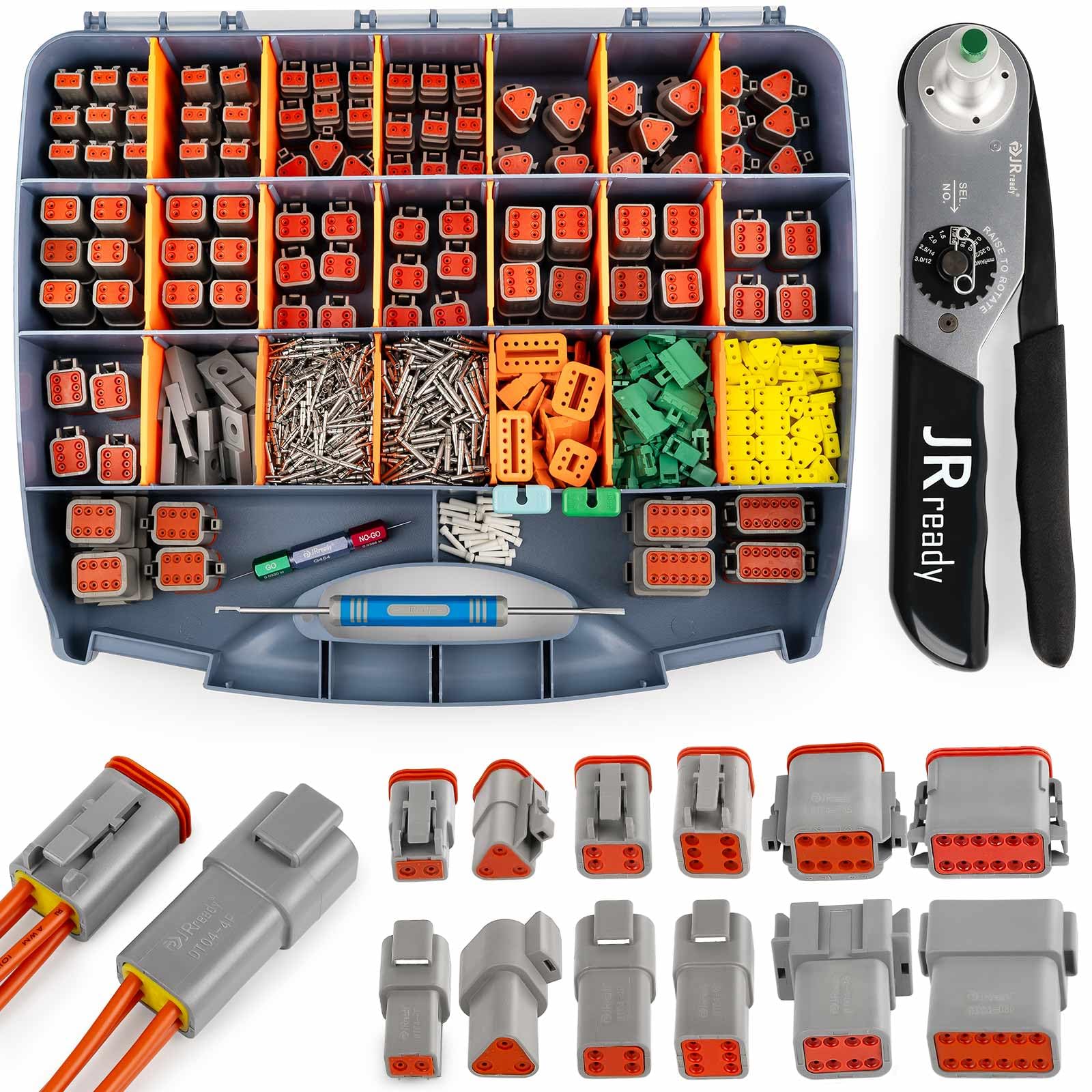 JRready ST6110-1 Deutsch Connector Kit, DT Connectors 2 3 4 6 8 12 Pin, Deutsch Crimp Tool JRD-HDT-48 Crimp Wire 12-22AWG, Deutsch Pins Terminal 14-16AWG with Pin Removal Tools and 14AWG Yellow Seals