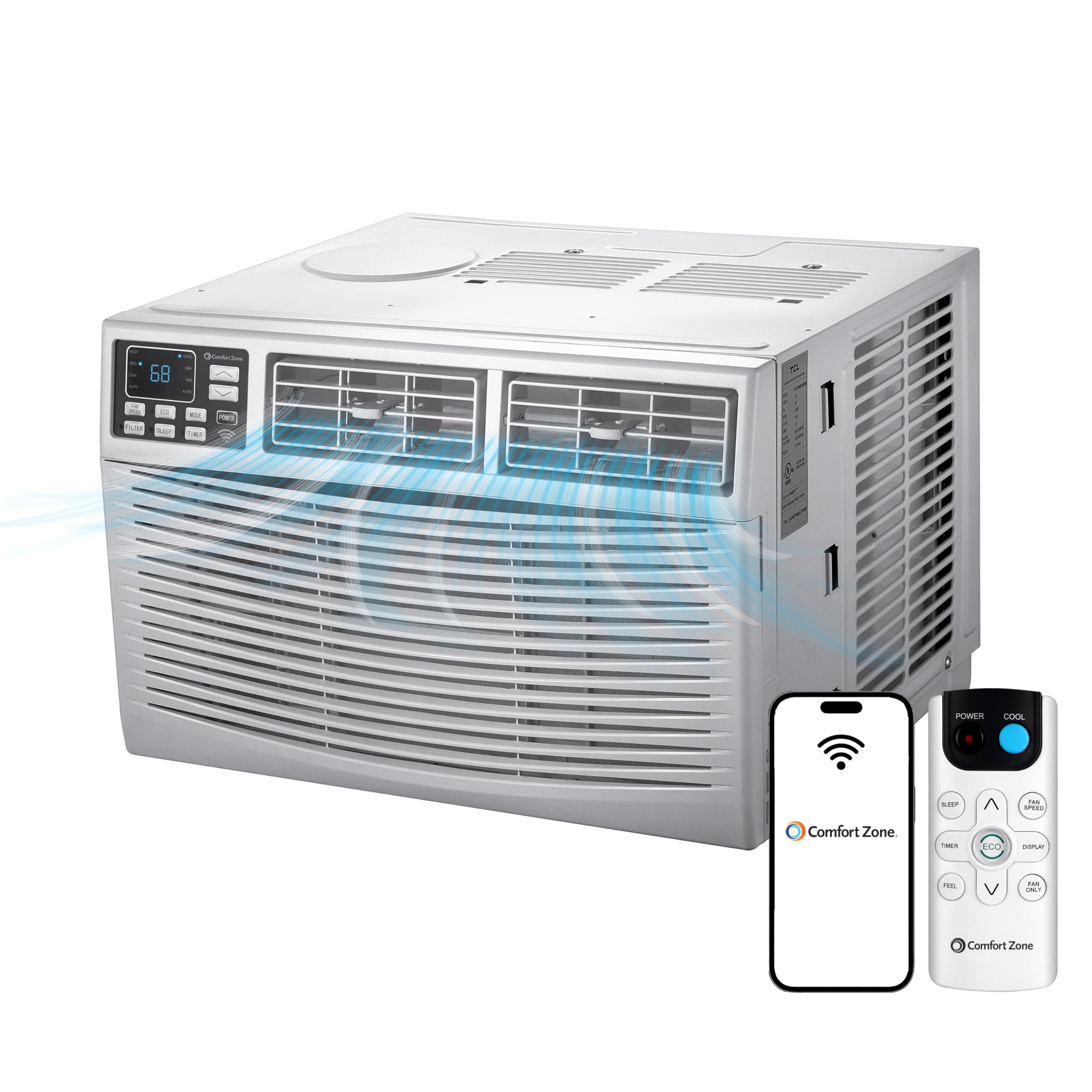 Comfort Zone Window Mounted Smart Wi-Fi Room Air Conditioner with Remote Control, 8,000 BTU, Digital Display, 4 Speed Settings, 4 Mode Settings, 24-Hour Timer, Sleep Setting, and Eco Mode, CZ12758
