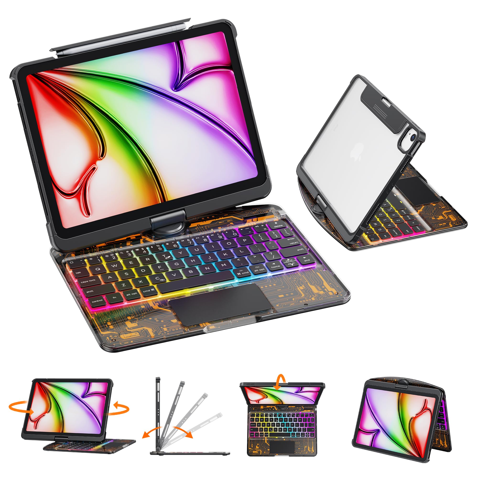 GUSGU for iPad Air 11 Inch (M3/M2,2025/2024) Transperant Case with Wireless Keyboard, 7 Color Backlight, Trackpad, 360°Rotating Stand for 10.9" iPad Air 5th/4th, 11" iPad Pro 4/3/2/1 Case, Cyberpunk