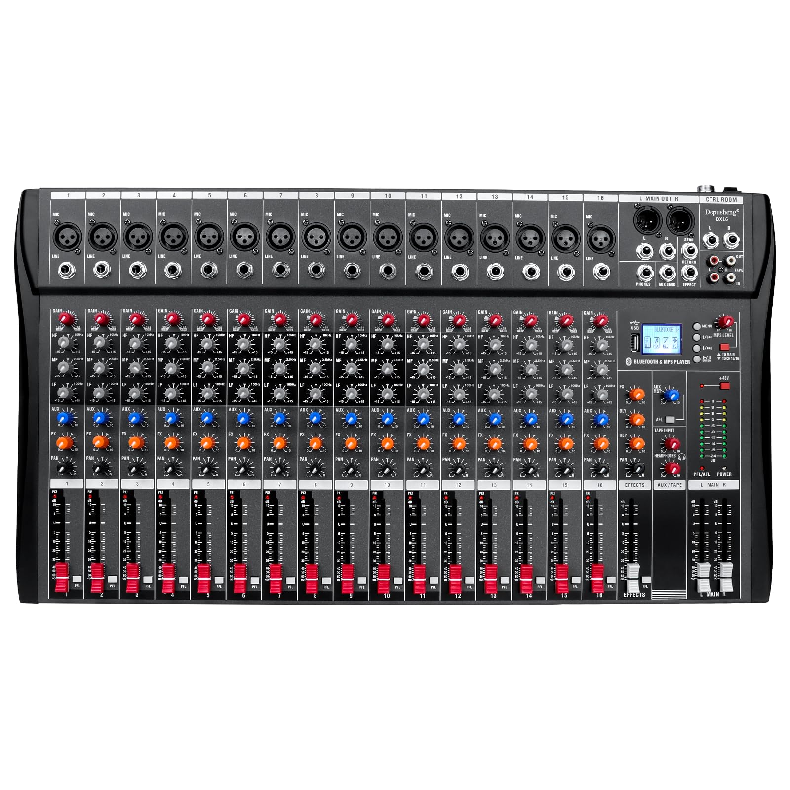 Depensheng DX16 DJ Sound Controller Interface w/USB Drive for Computer Recording 16-Channel Studio Audio Mixer - XLR Microphone Jack, 48V Power, RCA Input/Output for Professional and Beginners