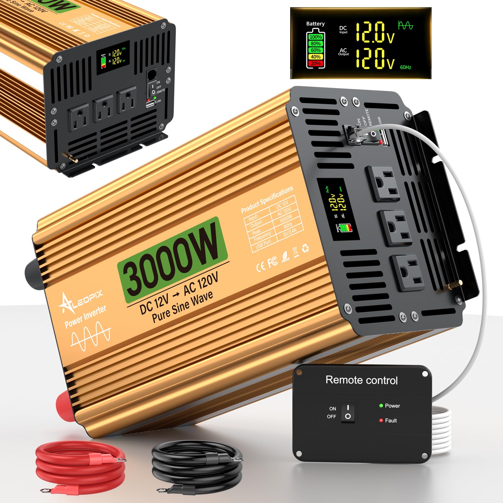 3000 Watt Pure Sine Wave Inverter 12V DC to 110V/120V AC for Truck/RV/Van/Home/Solar/Off-Grid, Surge 6000W Power Inverter with 3 AC Sockets, 5V 3.4A USB, LED Display, Remote Control for Vehicles