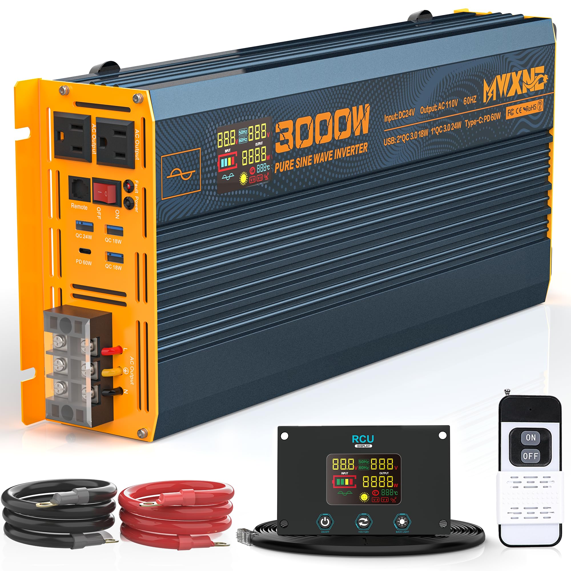MWXNE 3000W Pure Sine Wave Power Inverter DC 24V to 110V 120V AC with 4 Quick Charging USB Ports& Dual AC Outlets Power Inverters for Vehicles RV Truck Home with LCD Display and Remote Controller