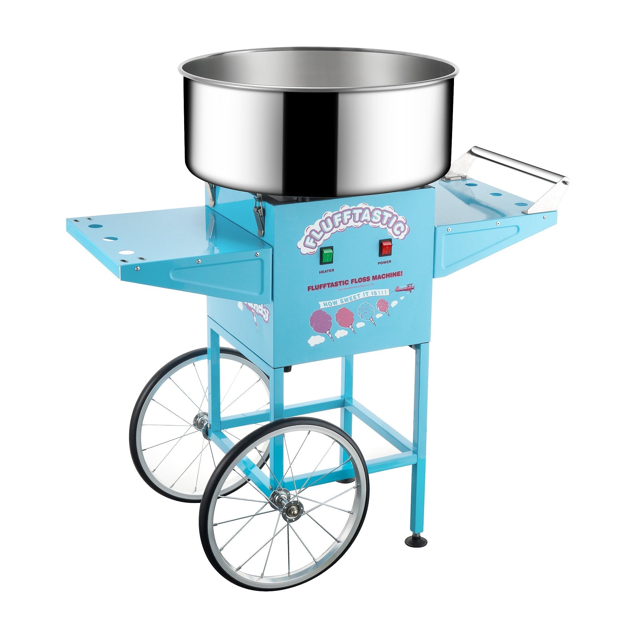 Cotton Candy Machine With Cart – 1000W Flufftastic Floss Maker With Stainless-Steel Pan, Side Trays, And 13in Wheels By Great Northern Popcorn (Blue)