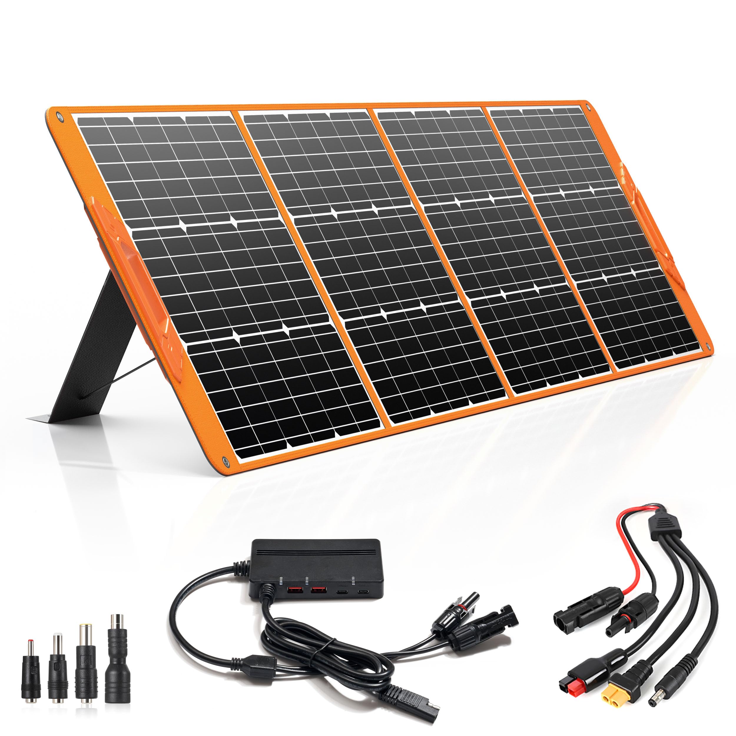 200 Watt Portable Solar Panel for Power Station Generator, 18V IP65 Waterproof 4 Kickstands Foldable Solar Panel, Solar Charger with MC4 Cable and USB Outputs for Outdoor Trip RV Camping Off Grid