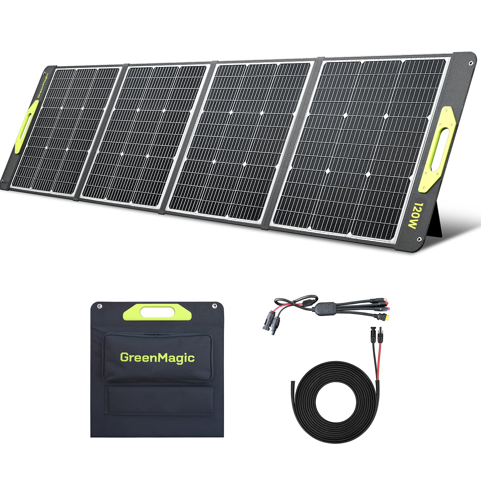 120W Portable Solar Panel, Greenmagic Foldable 120W Solar Panel 19V for Outdoor Camping RV Home, IP67 Waterproof with an Adjustable Kickstand Case, High 23% Efficiency