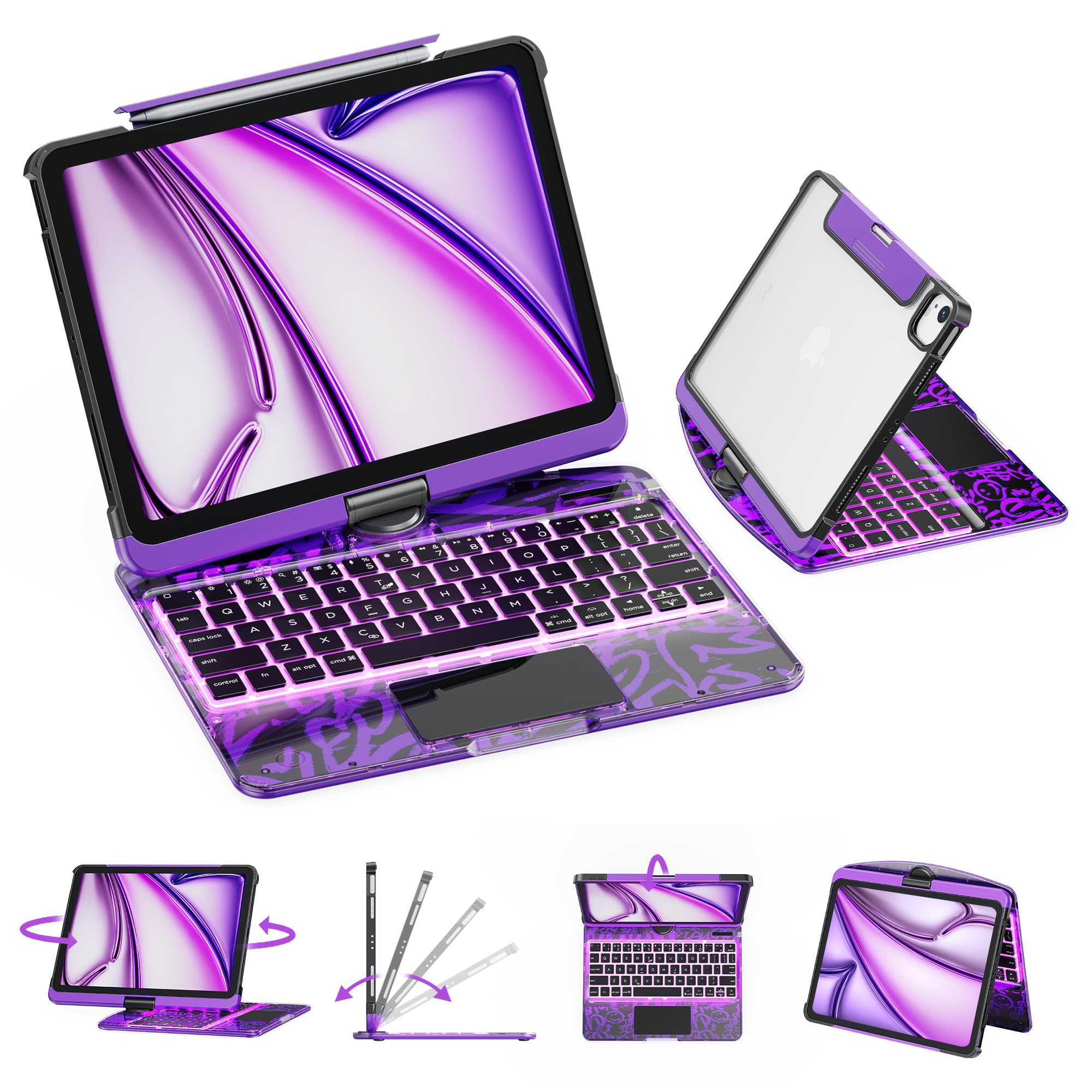 GUSGU Transparent Case with Wireless Keyboard only for 2024 iPad Pro 11-in.(M4), 7 Colors Backlight, Trackpad, 360°Rotating Stand for iPad Pro 11(5th Gen), Tech Style