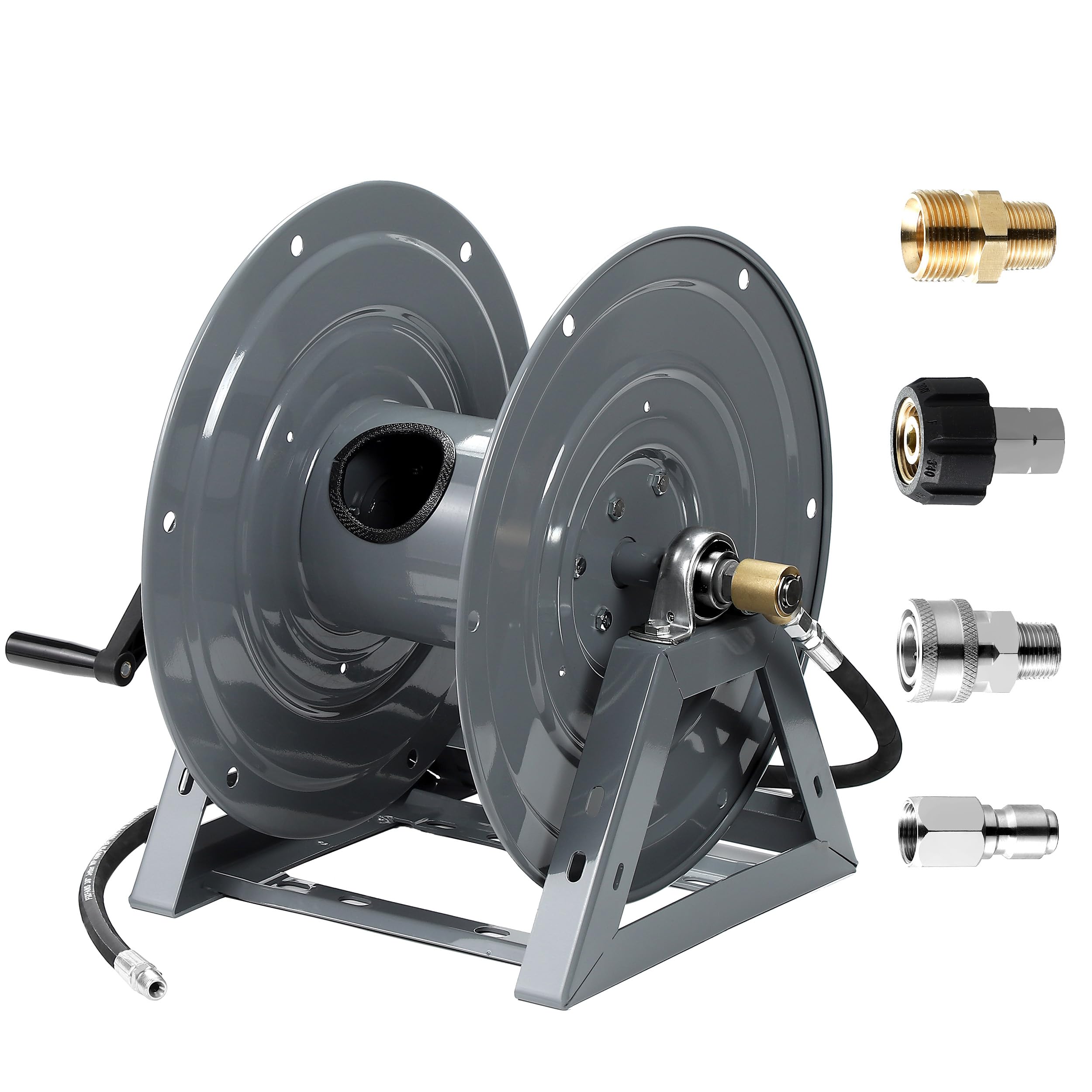 FIXFANS Pressure Washer Hose Reel, 300FT x 3/8" Heavy Duty Hose Reel, Manual Crank Power Washer Hose Reel with M22 Fitting, Wall/Floor/Truck Mounted, 4000 PSI