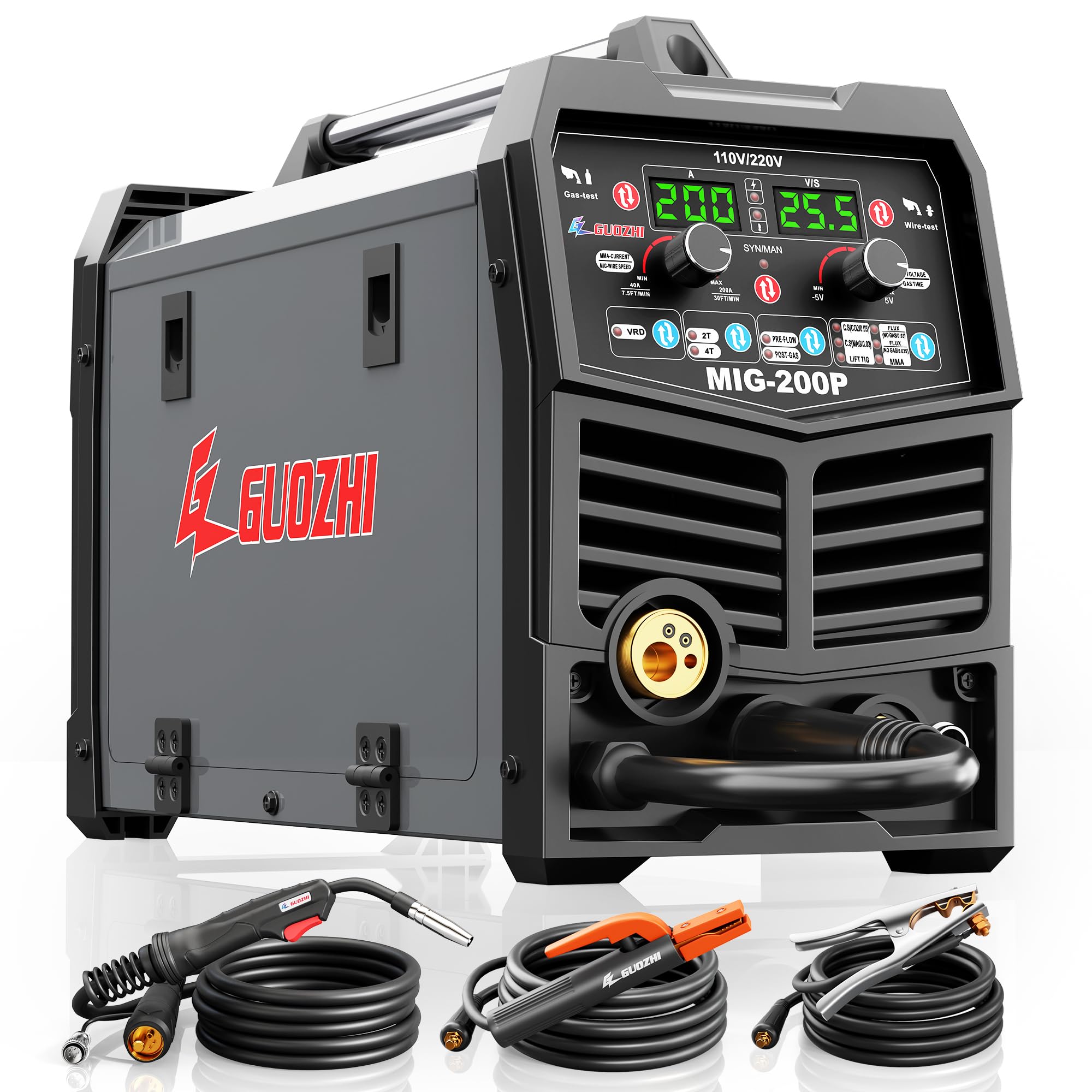 GZ GUOZHI 200A MIG Welder, 7 in 1 Gas MIG/MAG/Gasless Flux Core MIG/Lift TIG/Stick/Spot Welding/Spool Gun Multi-Process Aluminum Mig, Dual Voltage 110V/220V Welding Machine