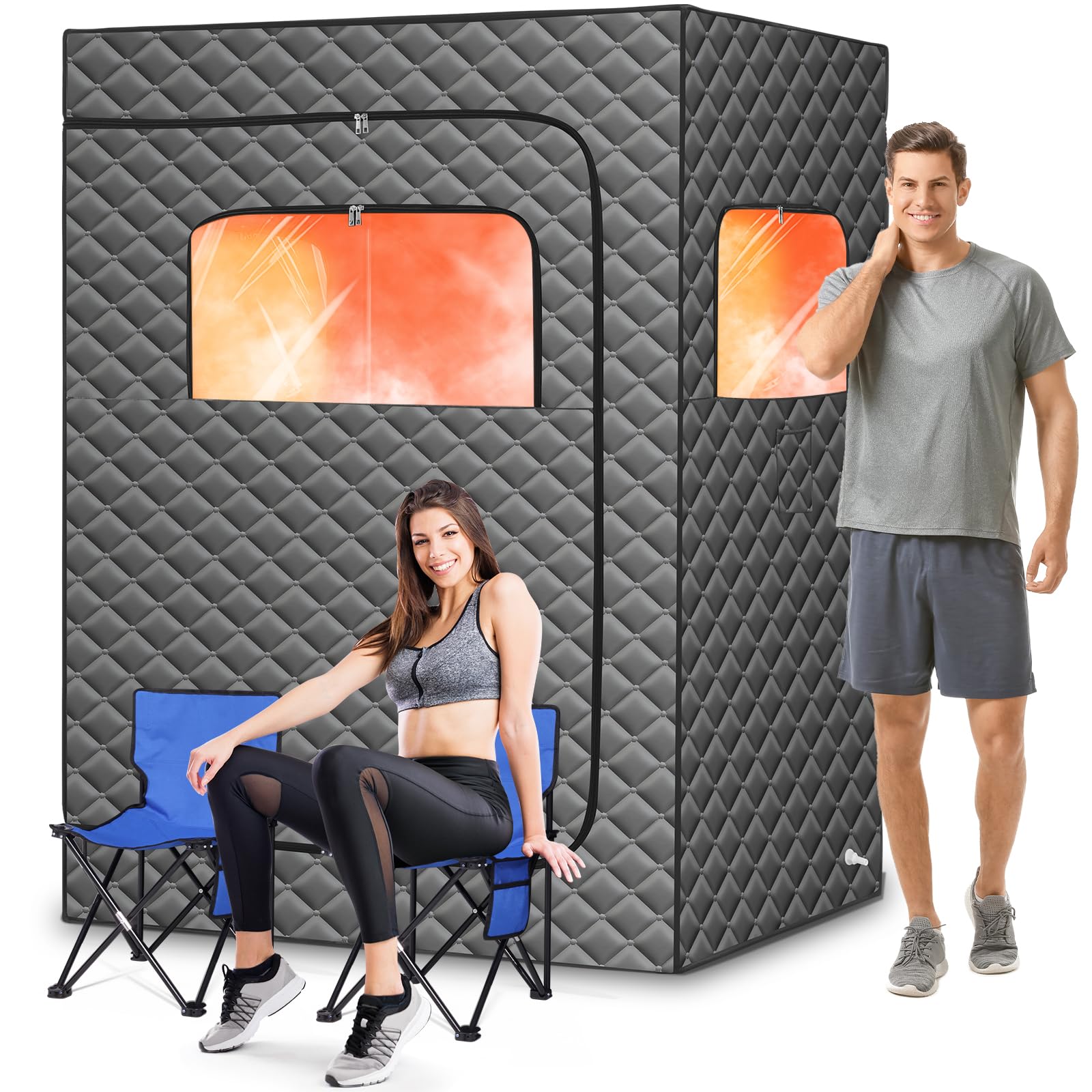 Imdot 2 Person Portable Sauna for Home, 1 or 2 Person Full Body Steam Sauna Tent with 2 Foldable Chairs,9 Levels of Sauna Box with Remote Control (Gray)
