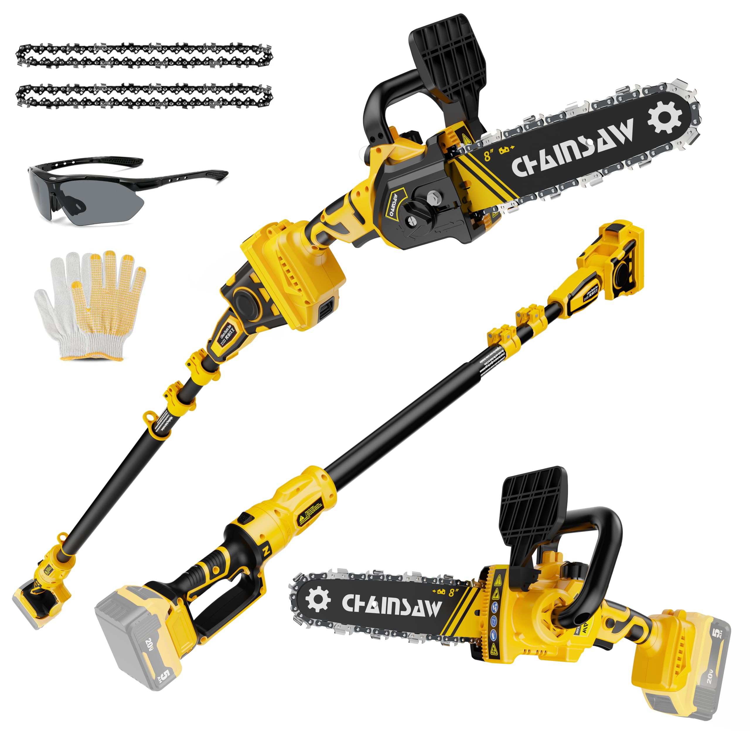 2-in-1 Cordless Pole Saw, 8 Inch Brushless Pole Chainsaws Compatibility with DEWALT 20V MAX Battery, 8 lb Lightweight, Auto Oiling, 14.8 FT MAX Extension Pole Saws for Tree Trimming