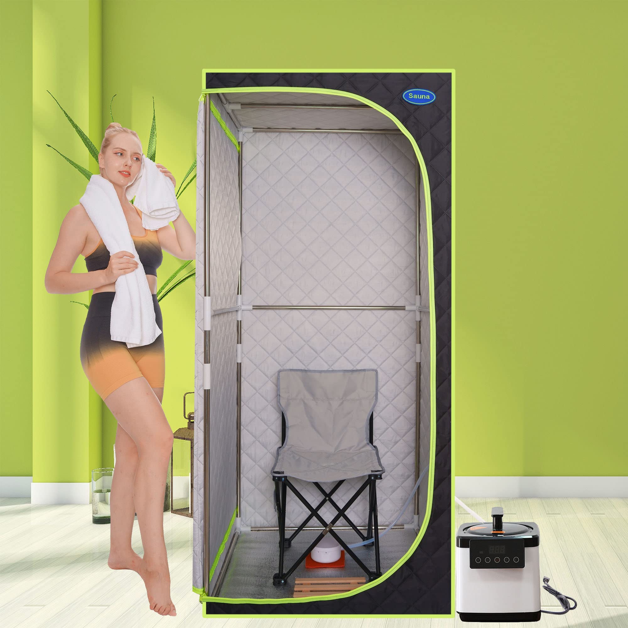 NicBex Home Sauna Portable Sauna for Home Sauna Tent Portable Plus Type Full Size Steam SaunaTent at Home Sauna Full Body Indoor Sauna Single Person Sauna, Black(Green Binding)