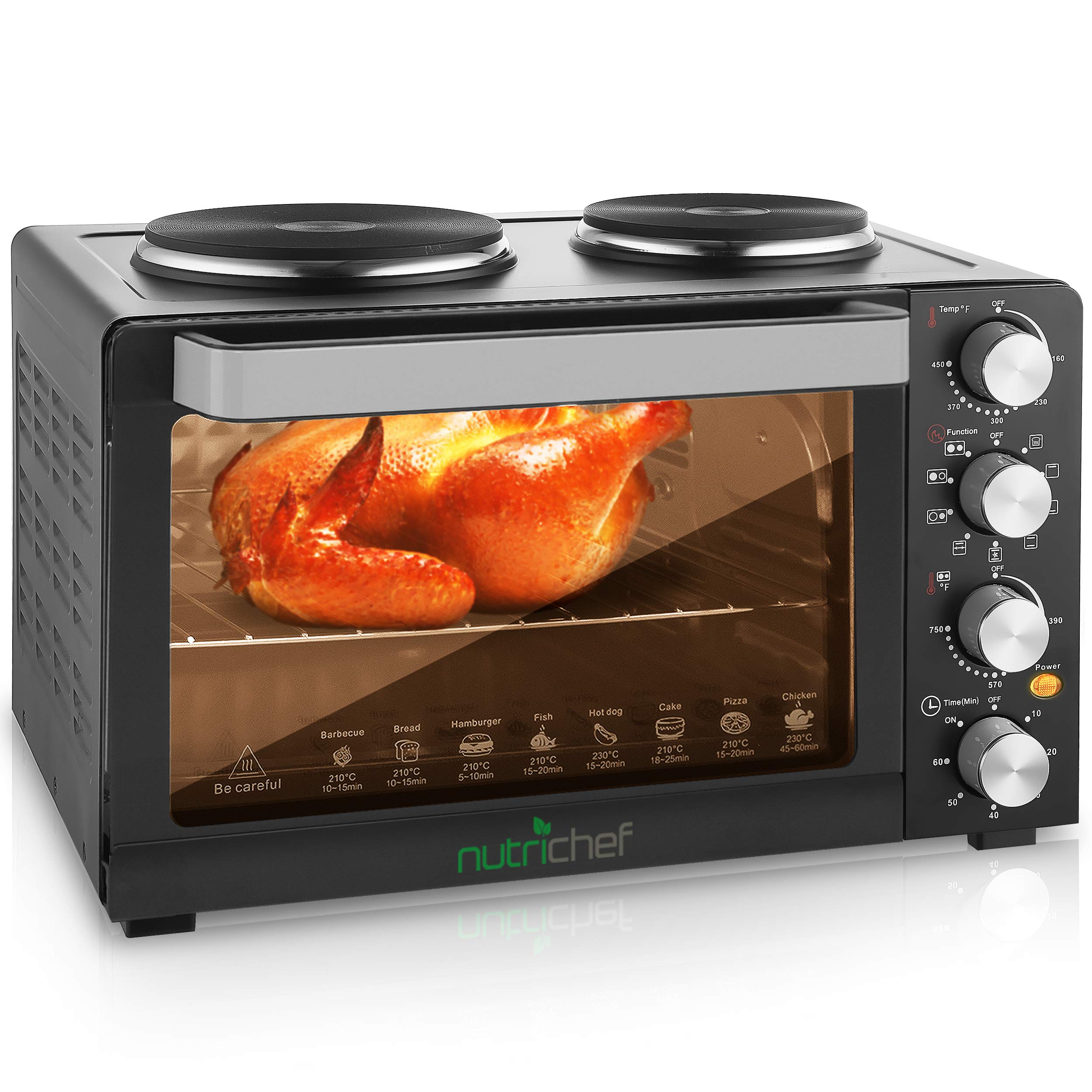 NutriChefKitchen 30 Quarts Kitchen Convection Oven - 1400 Watt Countertop, Rotisserie Roaster Grill, Top Rack, Dual Hot Plates, Toaster, Baking Tray, PKRTO29