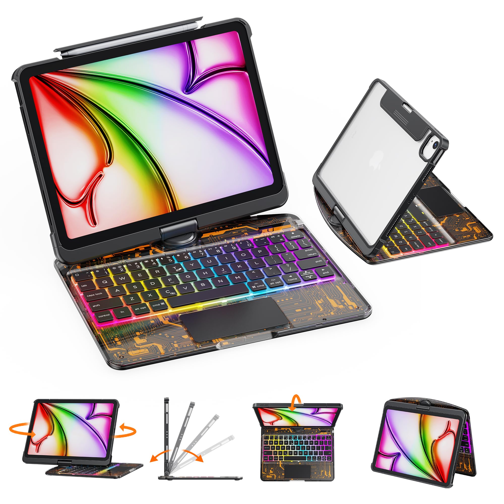 GUSGU Transparent Case with Wireless Keyboard for iPad Air 13-in.(M3/M2, 2025/2024), 7 Colors Backlight, Trackpad, 360°Rotating Stand for iPad Pro 12.9-in (6/5/4/3 Gen), Tech Style