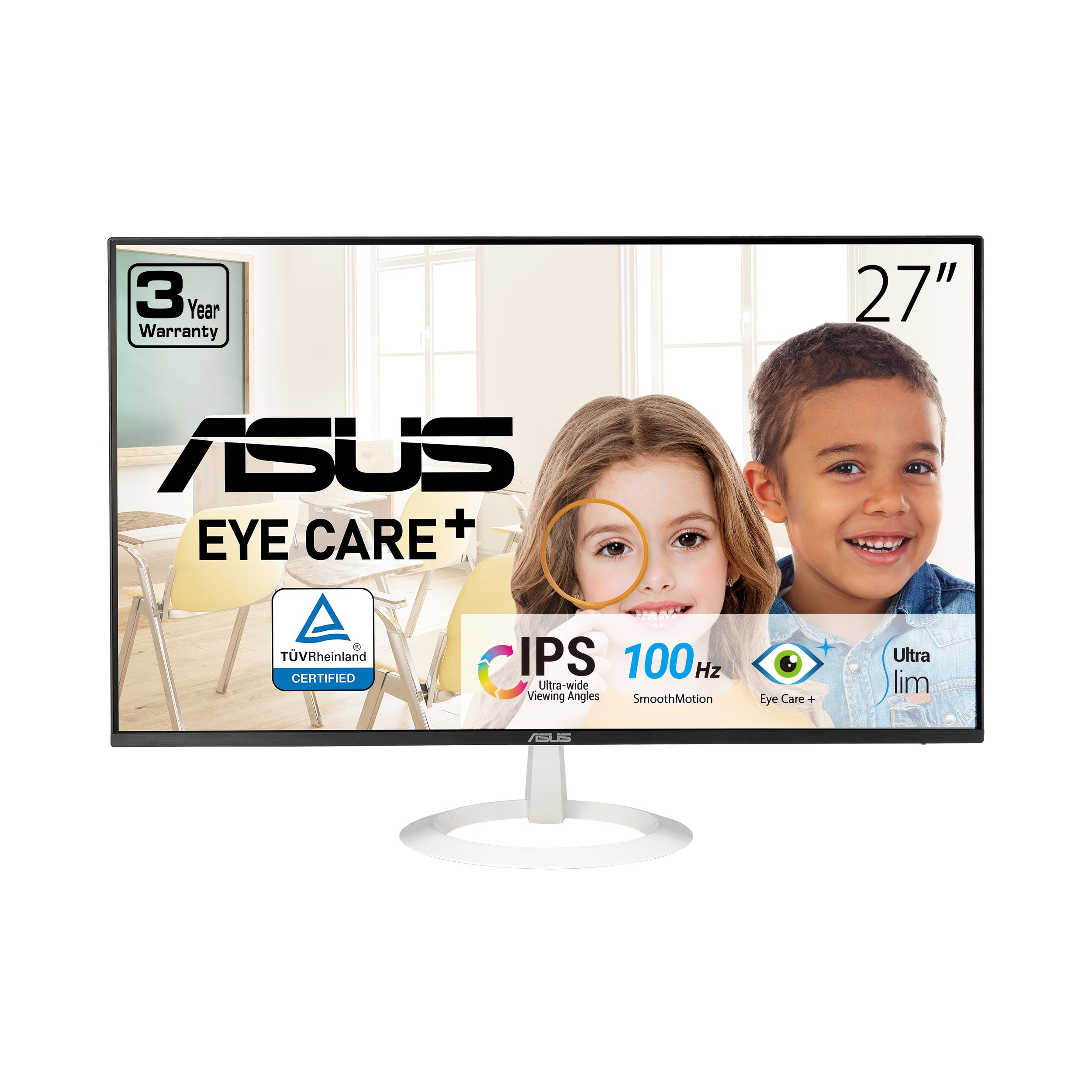 ASUS 27” (27-inch viewable) Eye Care Monitor (VZ27EHF-W) - Full HD (1920 x 1080), IPS, 100Hz, 1ms, Frameless, Adaptive-Sync, HDMI, Low Blue Light, Flicker Free, Ultra-Slim Profile, 3 yr Warranty