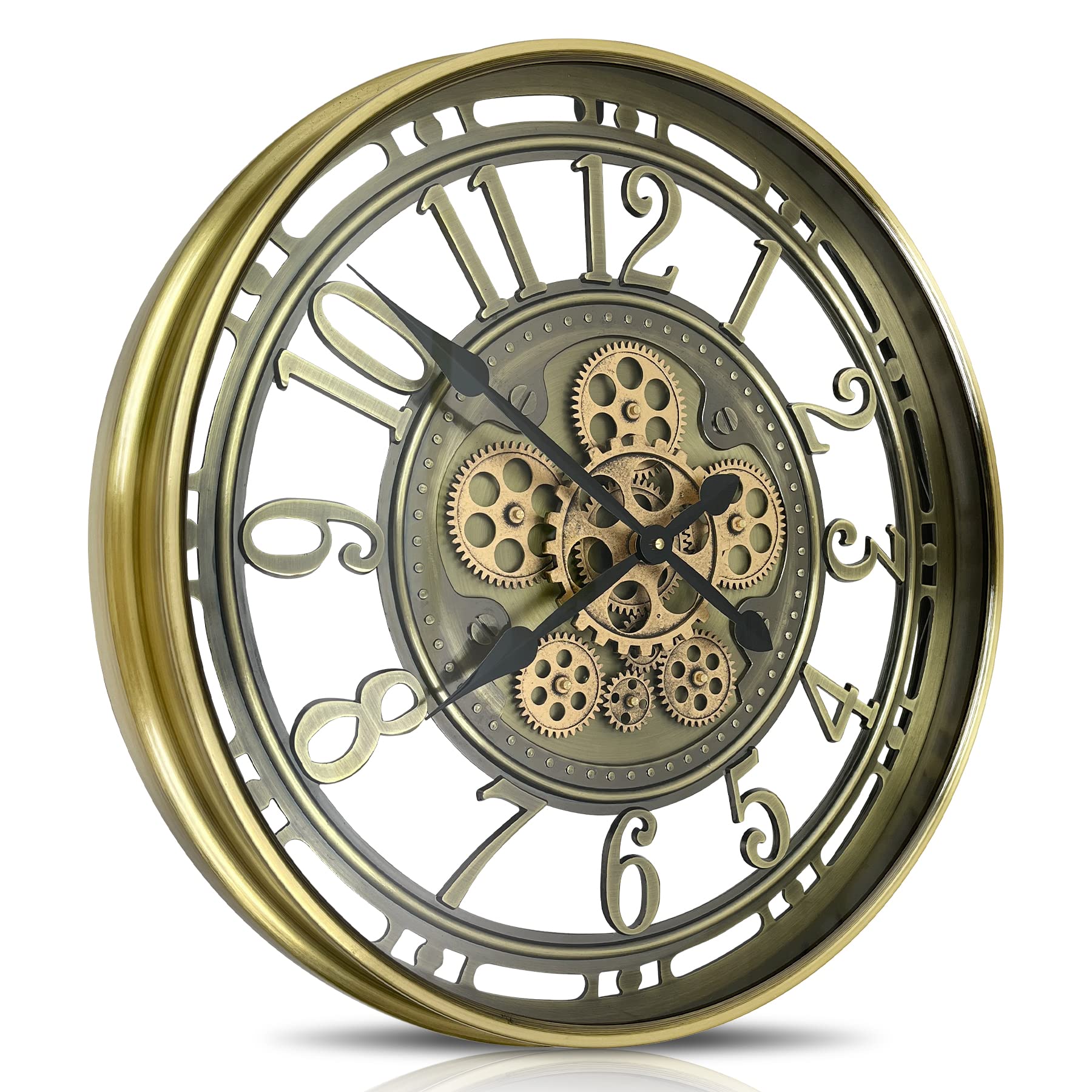 Real Moving Gears Wall Clock Large Modern Metal Clocks for Living Room Decor, Industrial Steampunk Unique Vintage Rustic Decorative Clock for Home Farmhouse Office, 21 Inch,Bronze Gold Arabic