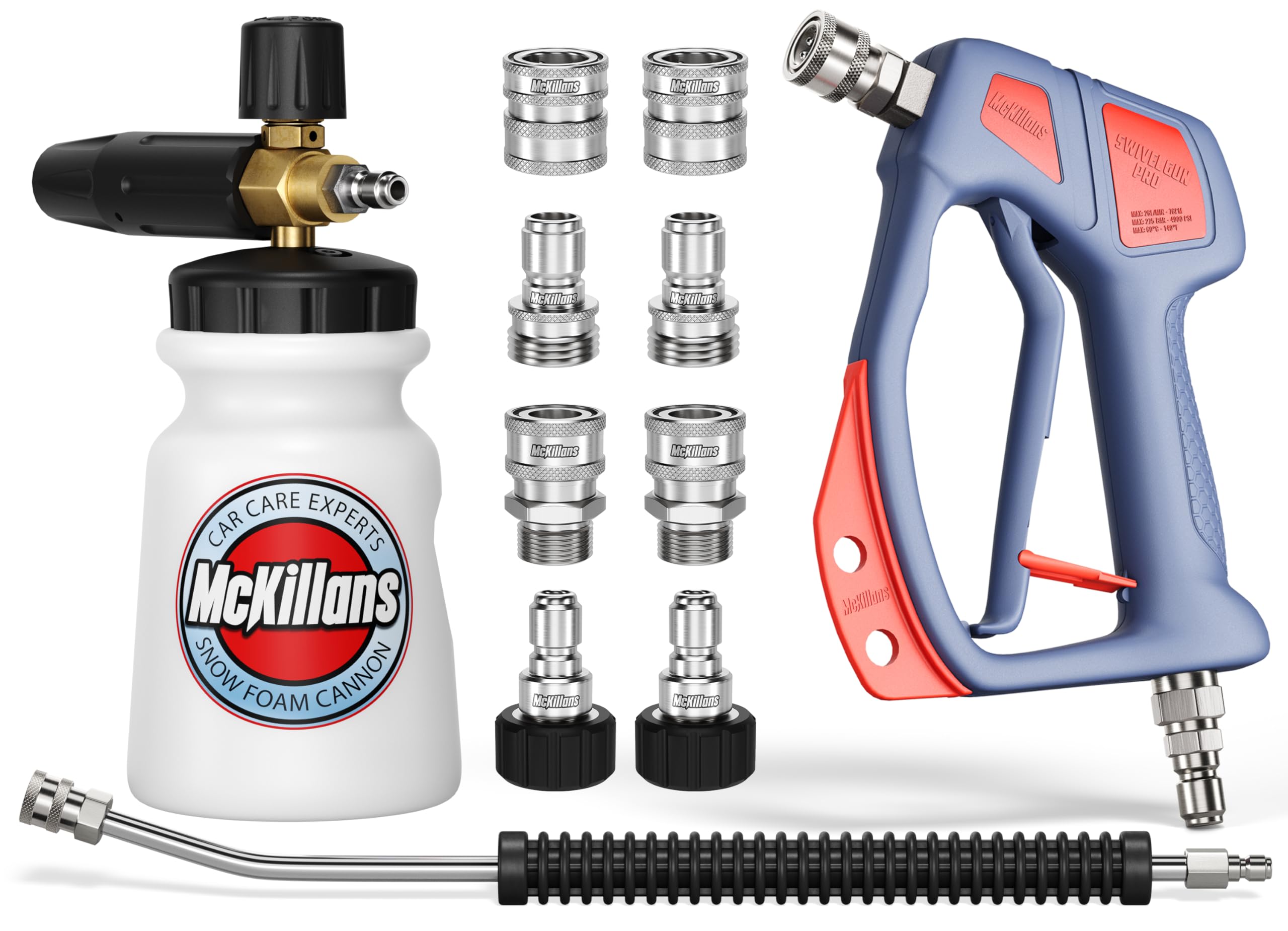 McKillans® Swivel Gun PRO + Foam Cannon Wide Month + Car Pressure Washer Extension Wand + Srainless Steel Quick Connect Kit M22-14mm to 3/8" Male Female Quick Disconnect Kit for Power Wash Bundle