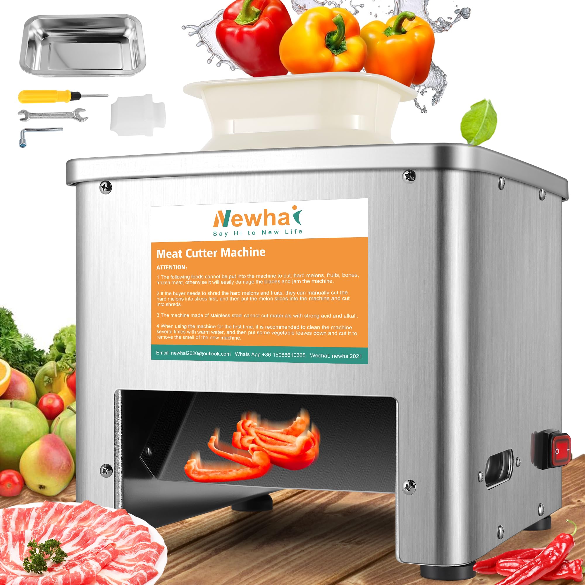 Newhai Upgraded Meat Cutter Machine, Commercial 5mm Electric Meat Slicer Shredded Cutting Machine, Stainless Steel 350lb/h, for Slices Strips Cubes