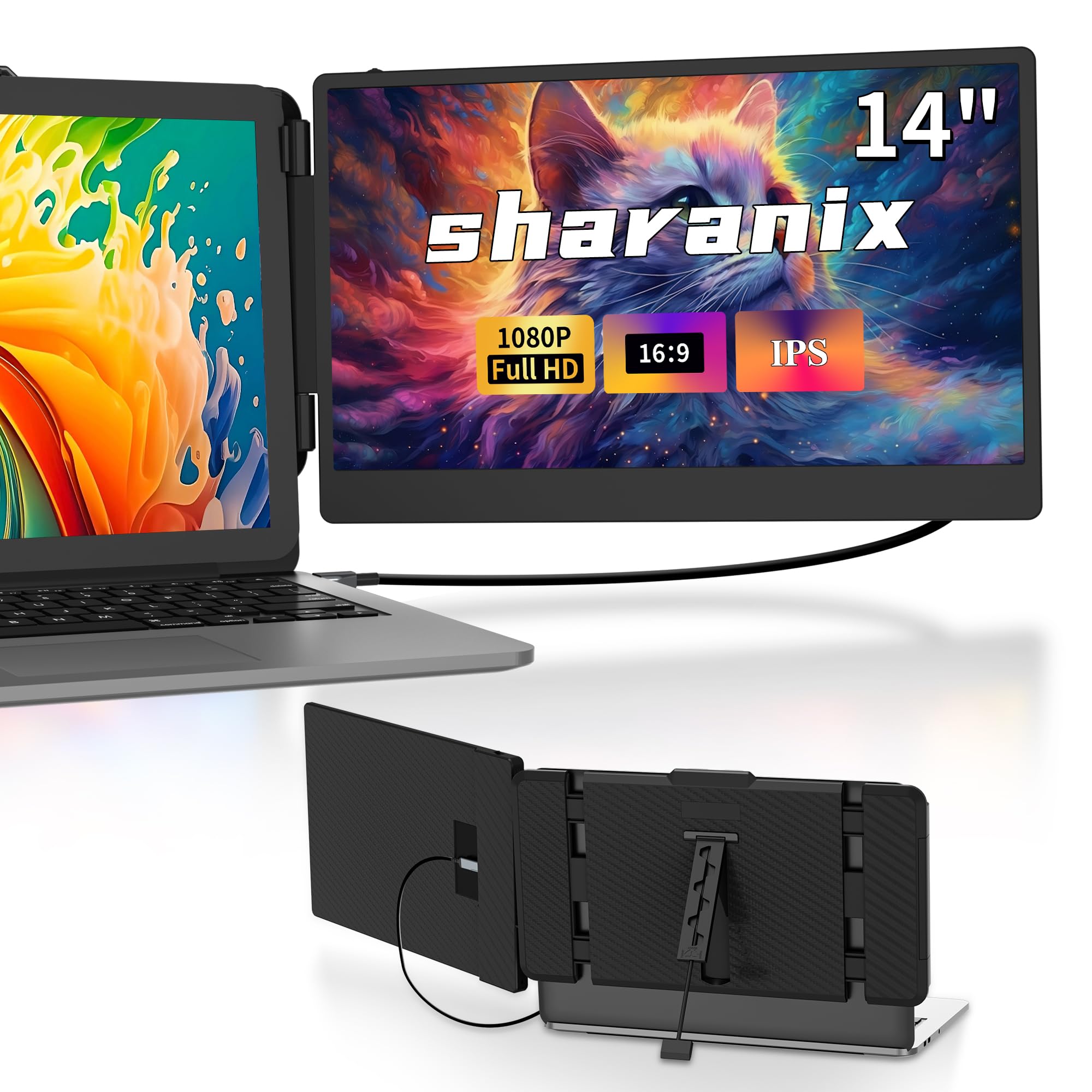 sharanix 14" Laptop Screen Extender, FHD 1080P IPS Dual Screen Laptop Monitor Extender, Portable Monitor for Laptops 13-17.3" Compatible with Win/Mac/Android/Switch
