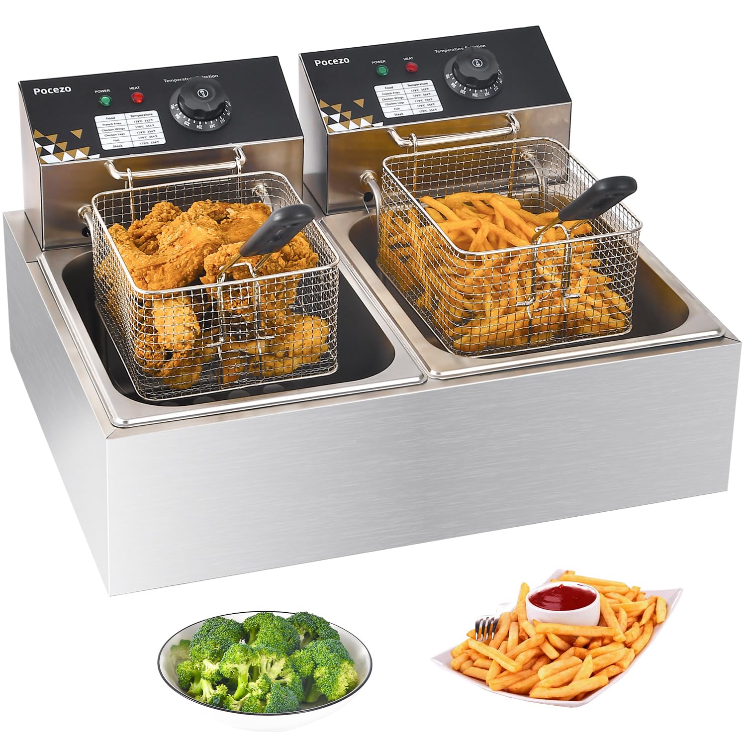 Electric Deep Fryer 17.2L/18.2QT Stainless Steel Dual Tank Commercial Fryer with Basket, 3400W 110V Countertop Deep Fryer for Home Kitchen and Restaurant Use with Oil Thermometer & Temperature Control