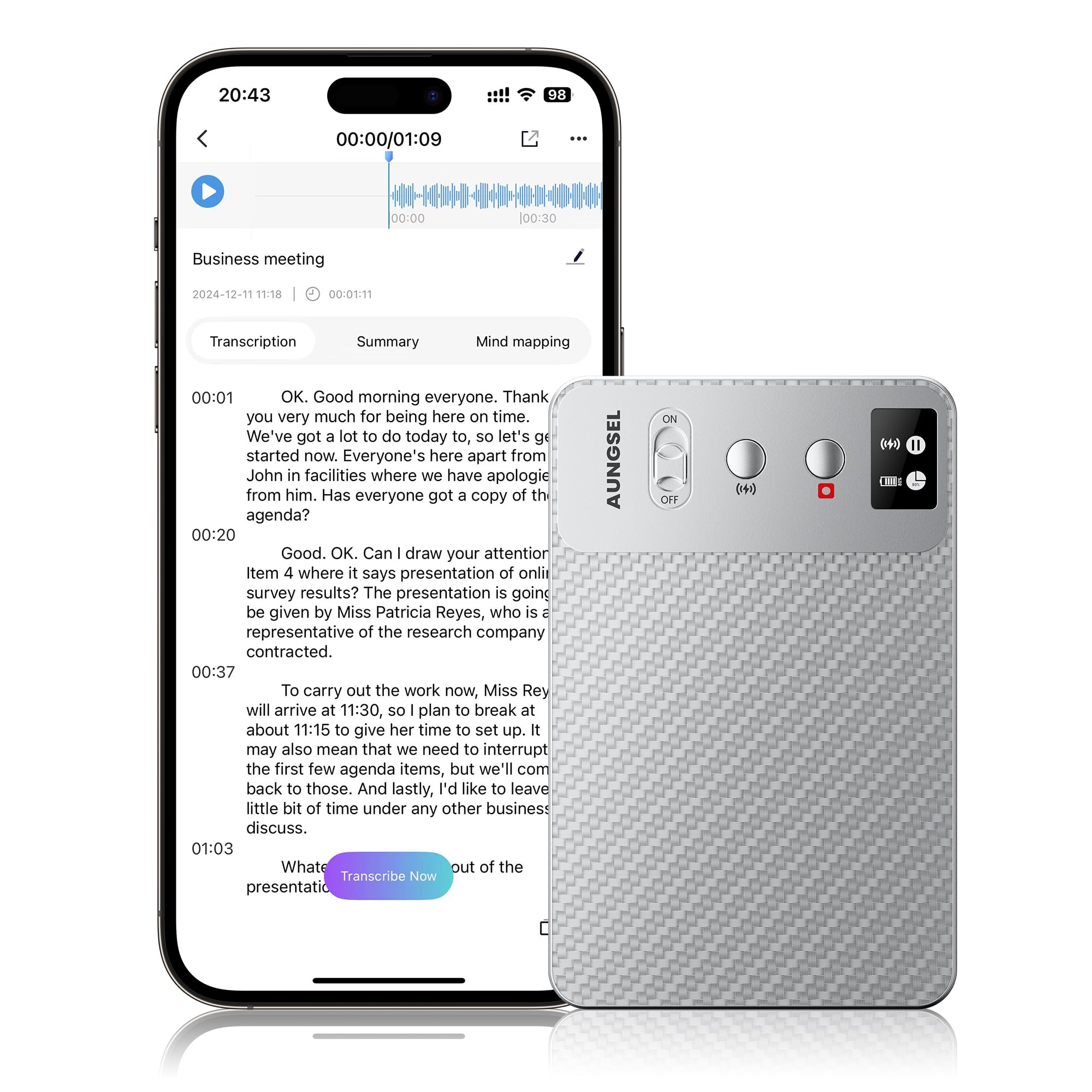 AI Voice Recorder, Free Transcribe & Summarize AI Audio Recorder, Support 121 Languages, 64GB Memory, Wireless Charging, App/Web Control, Digital Recorder for Lectures, Meetings, Calls, Silver