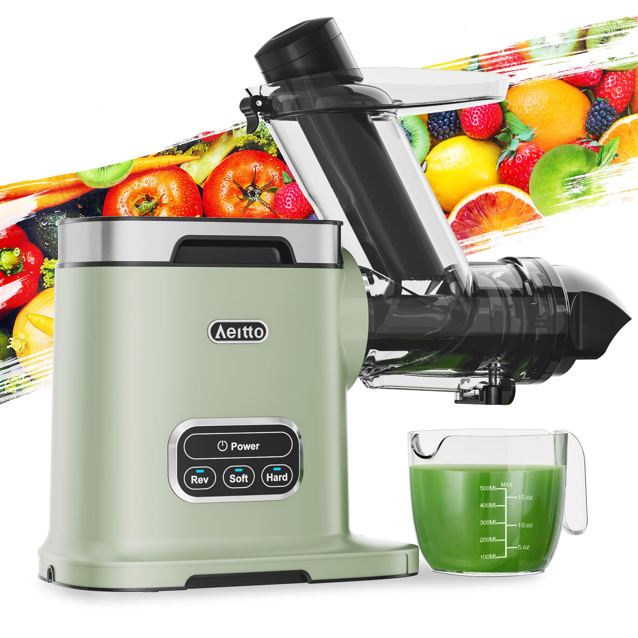 Aeitto Slow Juicer Machines, 3.6 Inch Wide Chute, Large Capacity, High Juice Yield, 2 Cold Press Juicer Modes, Easy to Clean Masticating Juicer for Vegetable and Fruit, Green