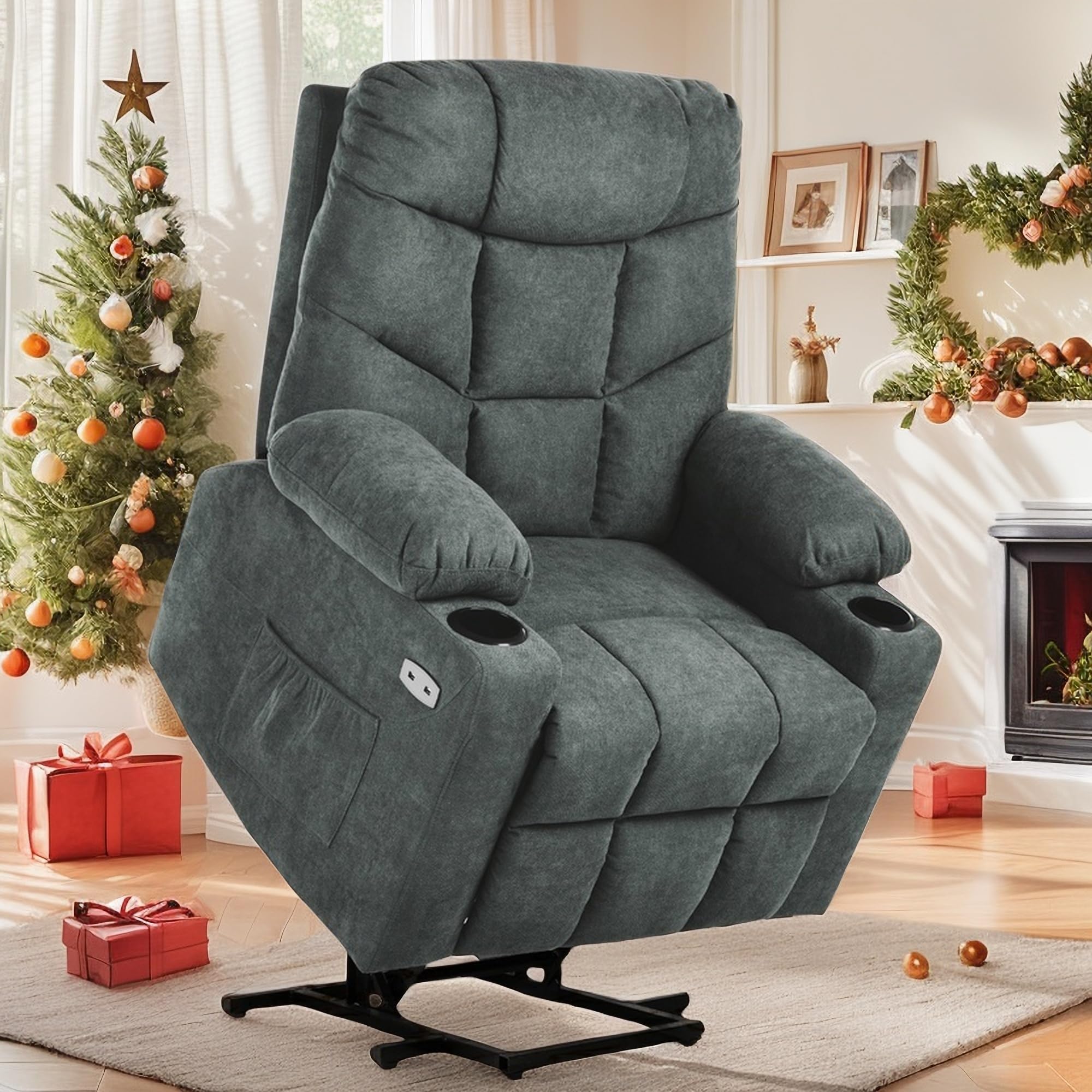YITAHOME Power Lift Recliner Chair, Modern Fabric Recliner Chair with Massage and Heat, Spacious Seat, USB Ports, Cup Holders, Remote Control, Suitable for Living Room Dark Grey2
